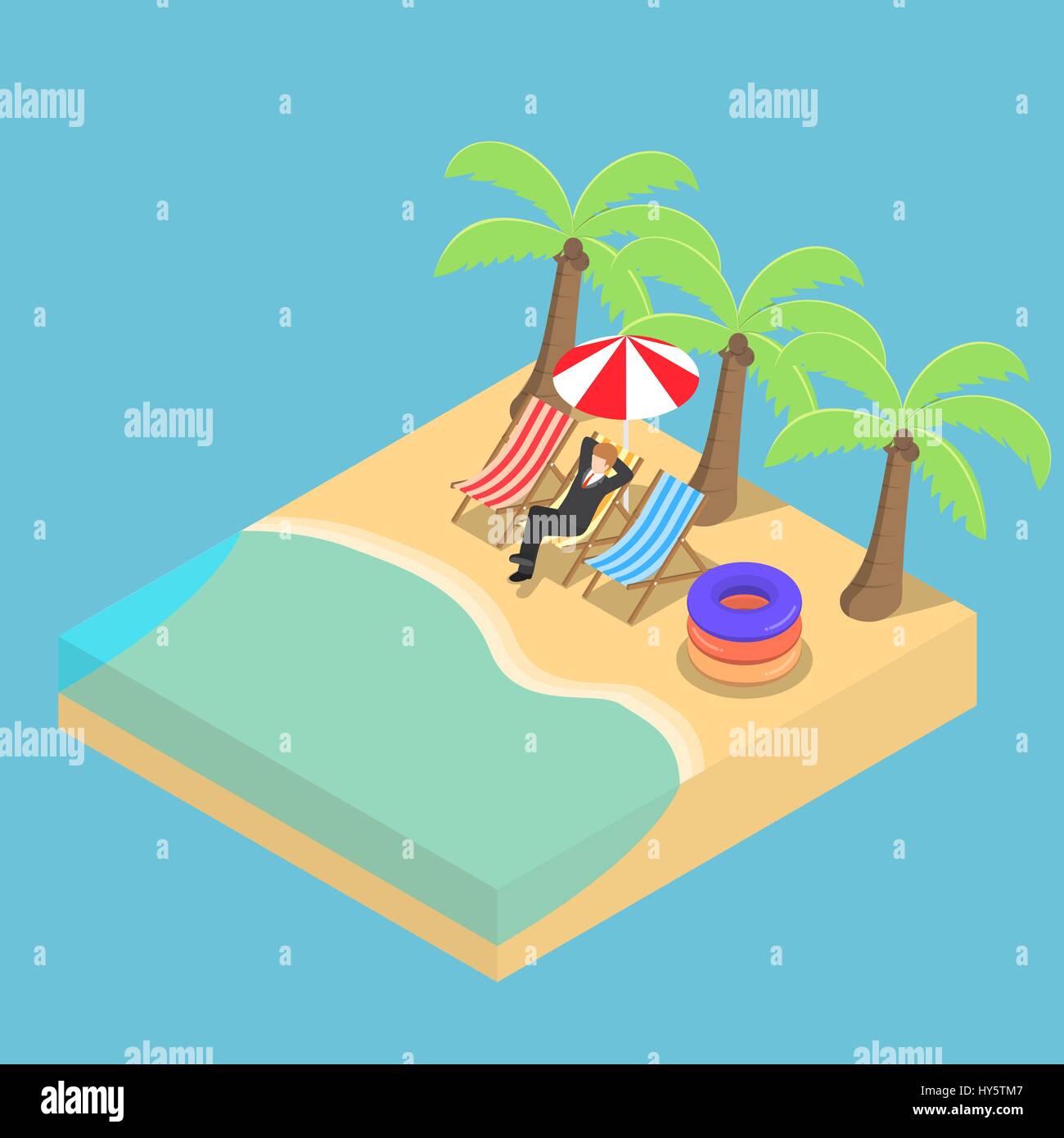 Flache 3d isometrische Geschäftsmann entspannen am Strand, entspannen und gehen auf einen Urlaub-Konzept. Stock Vektor