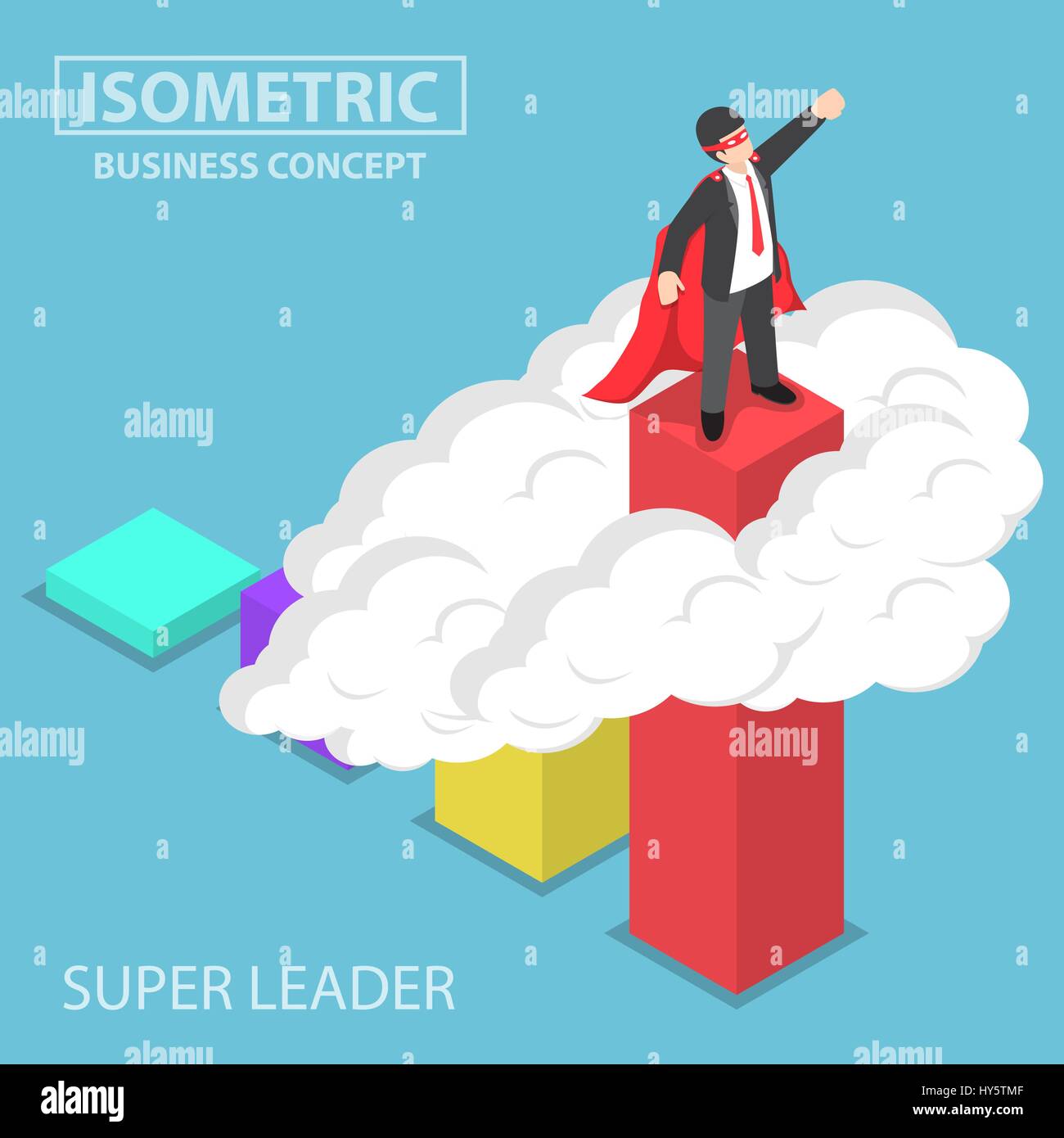 Flache 3d isometrische super Geschäftsmann stehen auf die Oberseite der Grafik über die Cloud, Geschäft Superhelden, wirksame Führung Konzept Stock Vektor