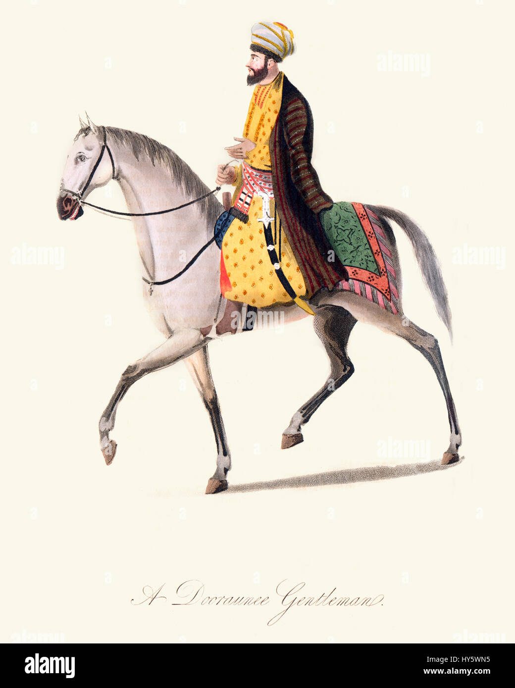 Vintage Farbe Gravur von 1819 zeigt einen afghanische Dooraunee Gentleman auf dem Pferderücken Stockfoto