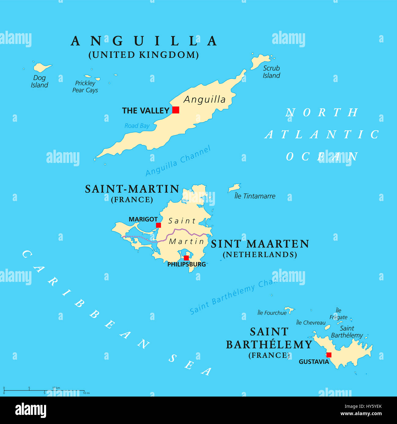 Anguilla, Saint Martin, Sint Maarten und Saint Barthelemy politische Karte. Inseln in der Karibik, Teil der Leeward-Inseln und kleinen Antillen. Stockfoto