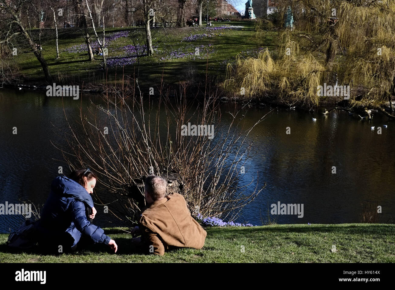 Besucher genießen eine starke Frühlingssonne am Ørstedsparken, einem Stadtpark Center in Kopenhagen, Dänemark Stockfoto