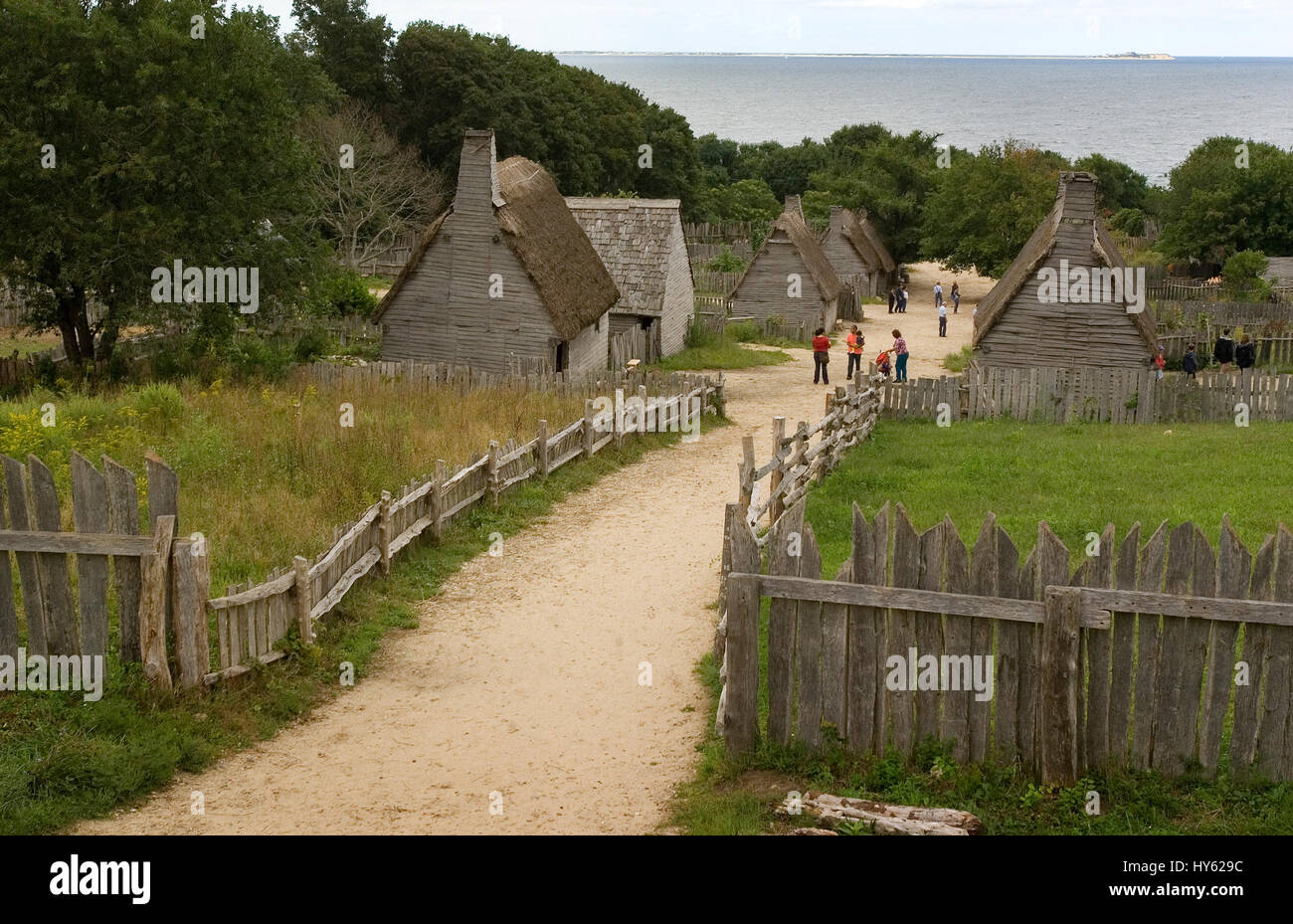 Eine Übersicht über Plimoth Plantation, Plymouth, Massachusetts eine Nachbildung des Dorfes im Jahr 1621. Jetzt bekannt als Plimoth Pataxet Stockfoto