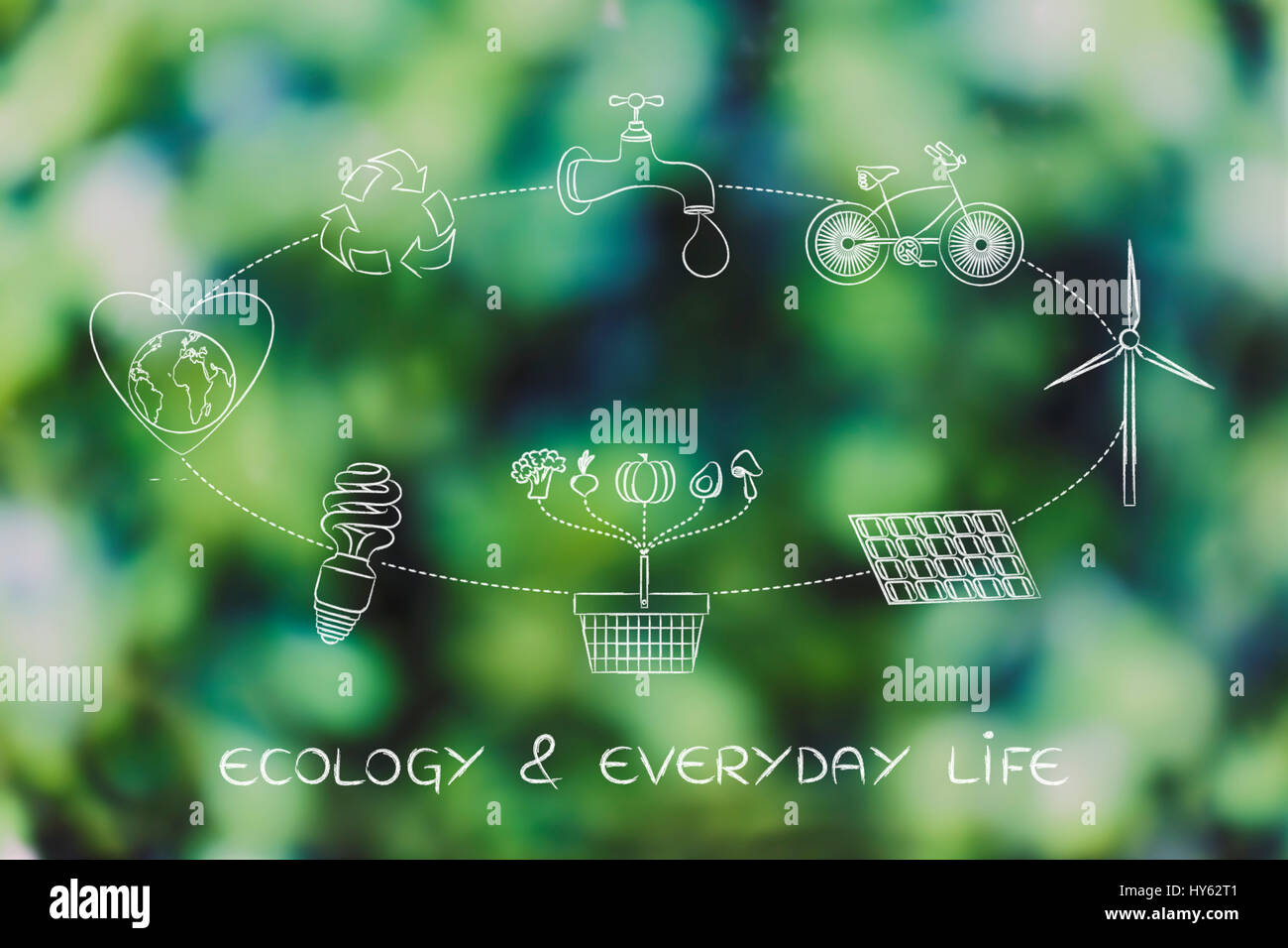 Ökologie & jeden Tag Leben: Diagramm mit täglichen Schritte zum Schutz der Umwelt durch Einsparung von Energie, recycling und lokale Essen Stockfoto