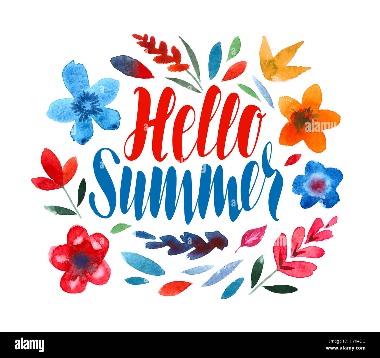 Hallo Sommer, Schriftzug. Blumenmuster Stockfoto