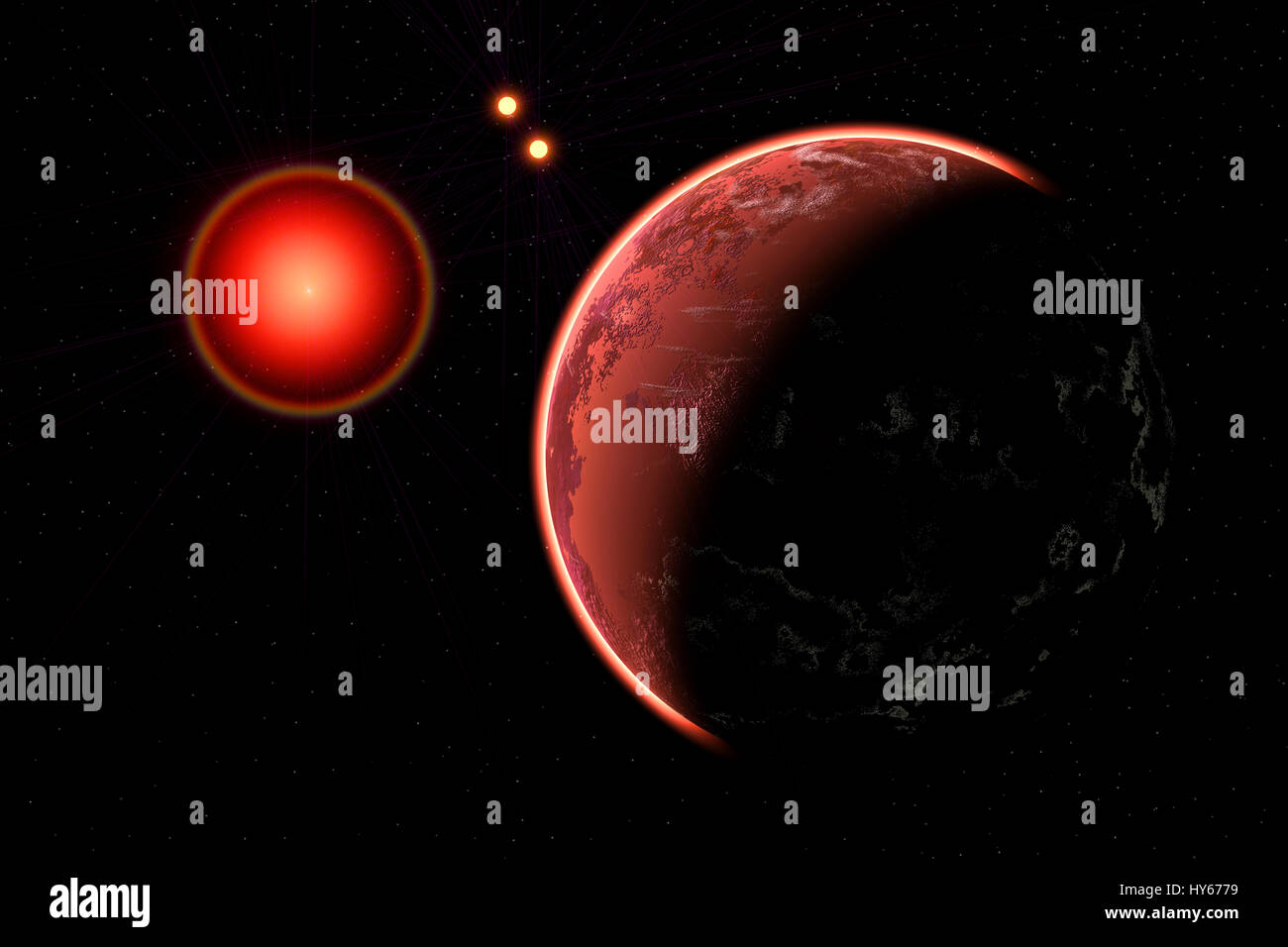 Exoplanet Proxima Centauri B, umkreist den roten Zwergstern Proxima Centauri.Part der im binären Sternensystem Alpha Centauri. Stockfoto