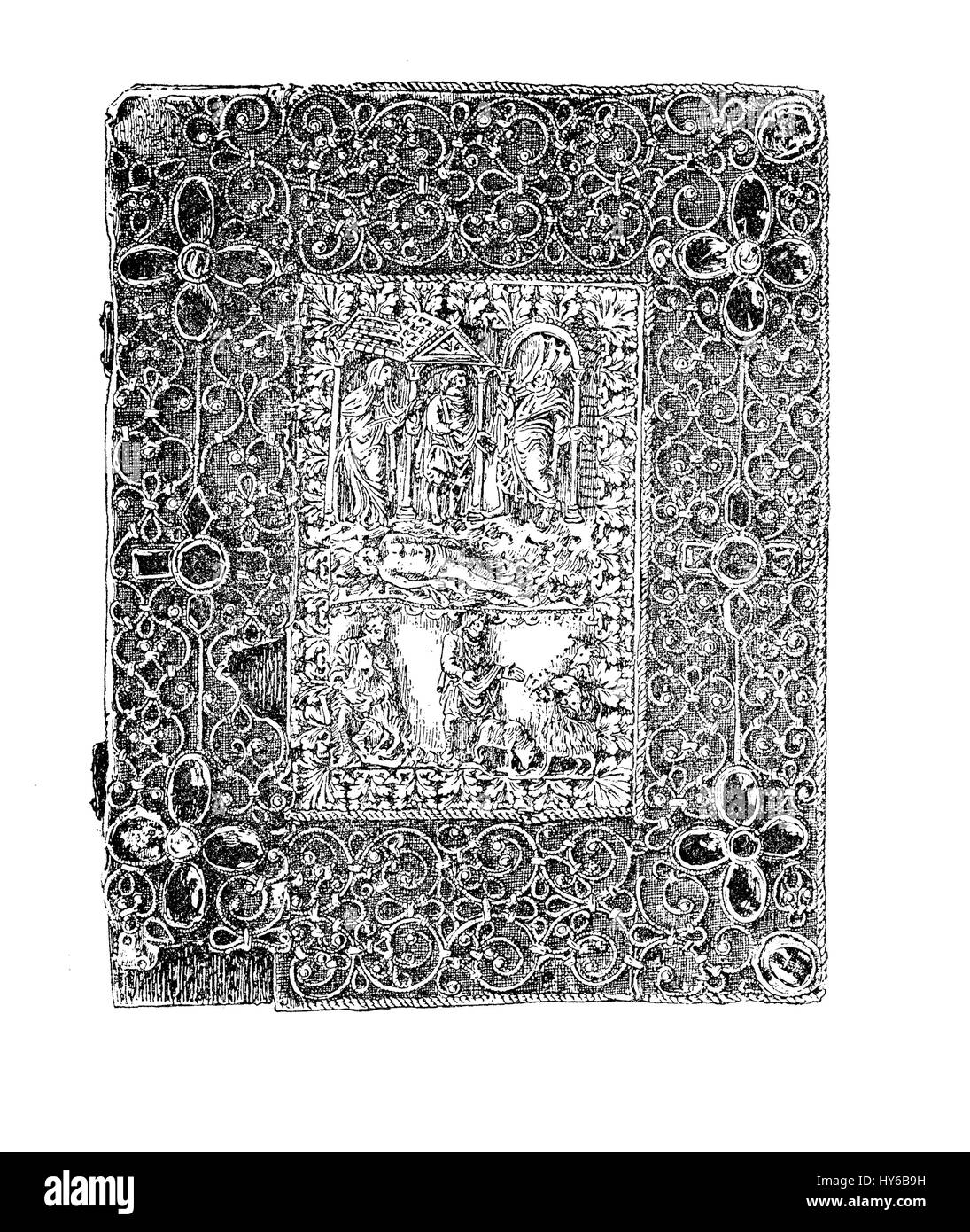 Mittelalterliche jeweled Buchbinderei mit Metallarbeiten, Elfenbeinschnitzereien und Juwelen, karolingischen Zeit, IX. Jh. Stockfoto