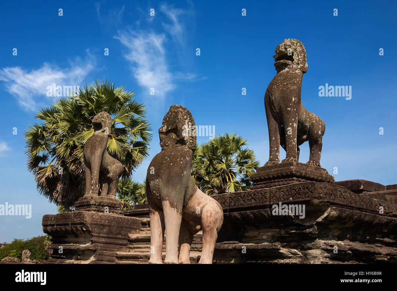 Guardian Lions, Terrasse of Honour, Angkor Wat, Siem Reap, Kambodscha Stockfoto