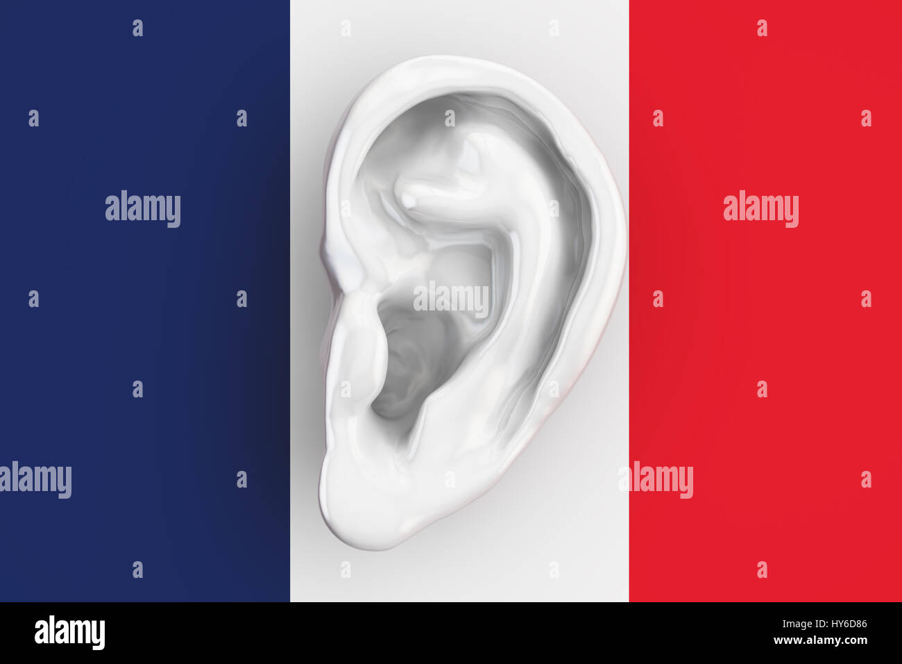 Französische Intelligenz Konzept, Ohr auf die Flagge Frankreichs. 3D-Rendering Stockfoto