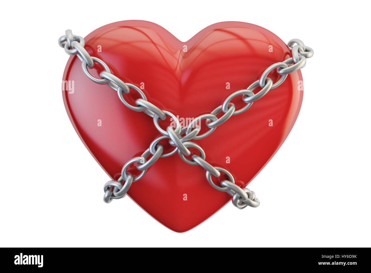 Rotes Herz mit Kette, 3D-Rendering isolierten auf weißen Hintergrund Stockfoto