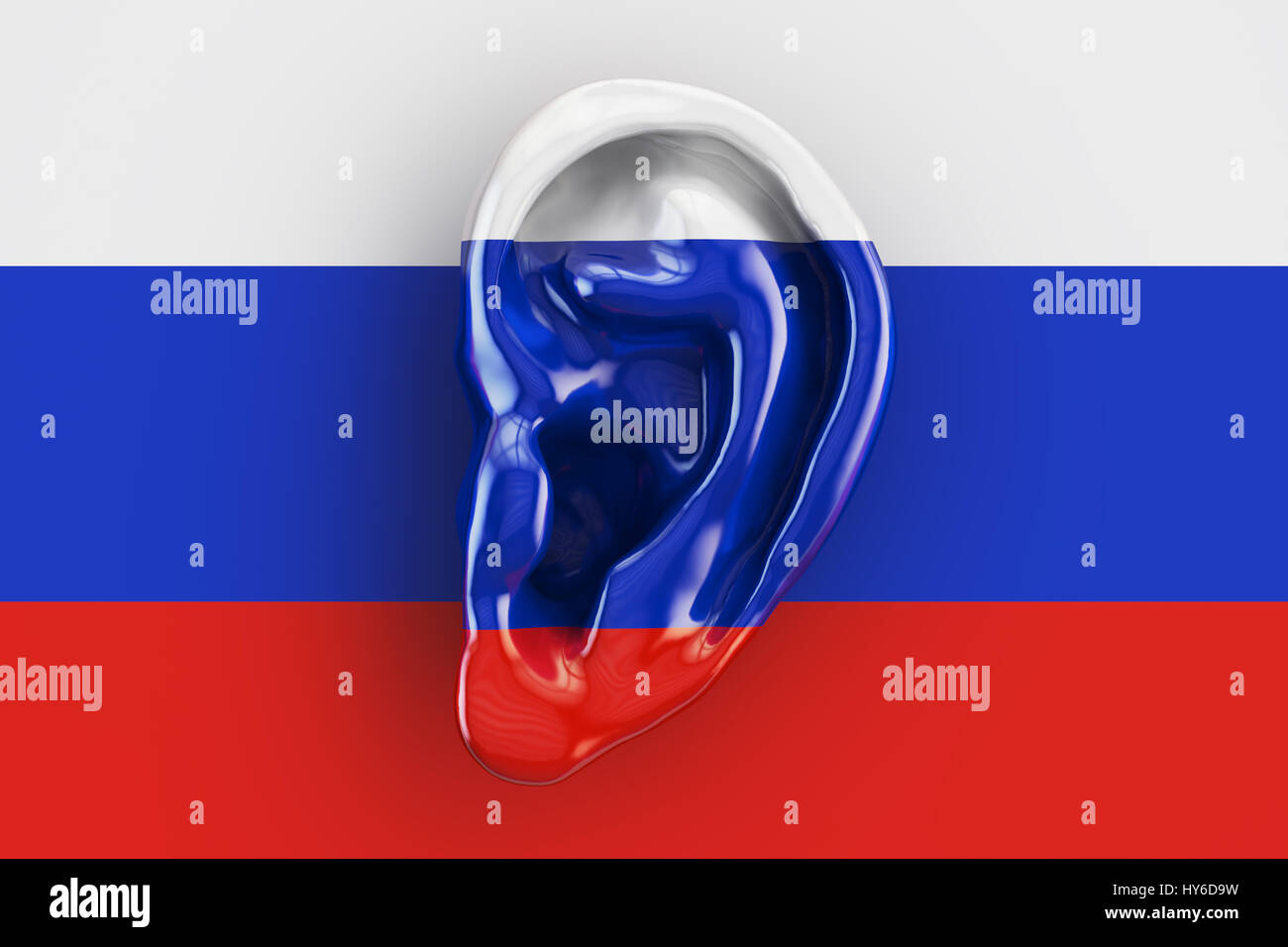 Russischen Intelligenz Konzept, Ohr auf der Flagge von Russland. 3D-Rendering Stockfoto