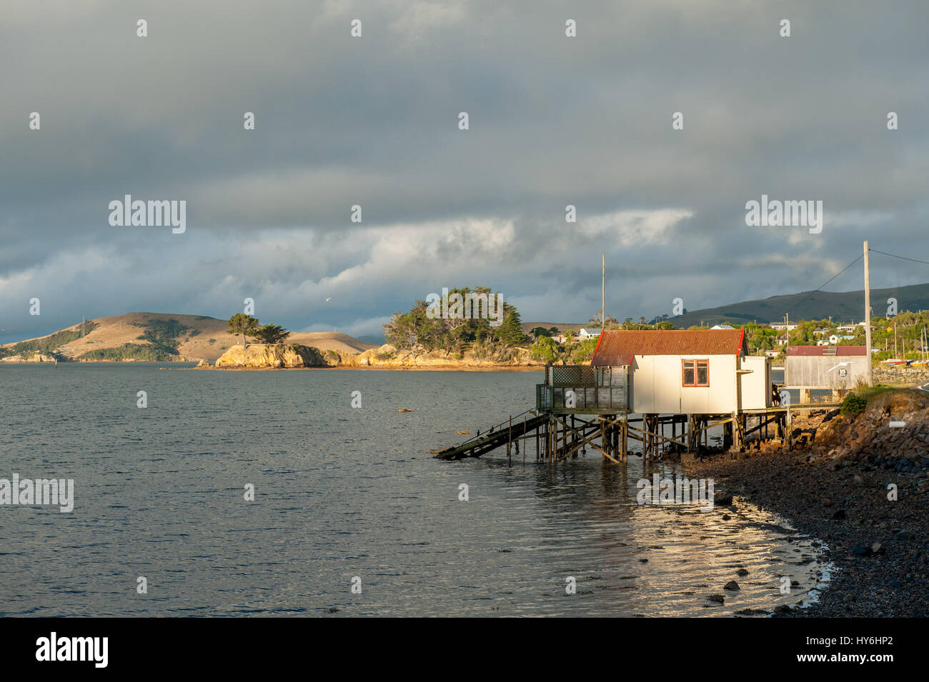 Otago Peninsula und Otago Harbour während des Sonnenuntergangs östlich von Dunedin, Neuseeland Stockfoto