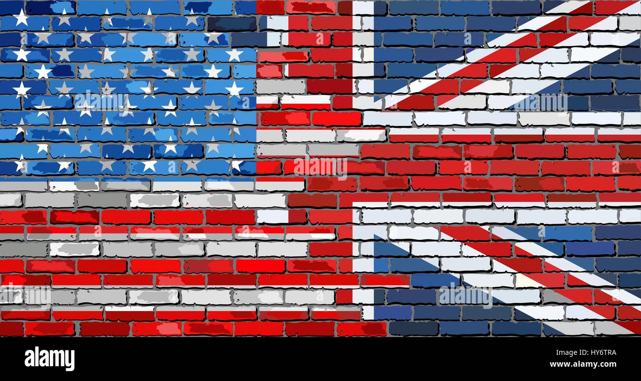 Gemauerte Wand USA und UK Flaggen - Illustration, gemischten Flaggen der USA und des Vereinigten Königreichs, englische und amerikanische Flagge Stock Vektor