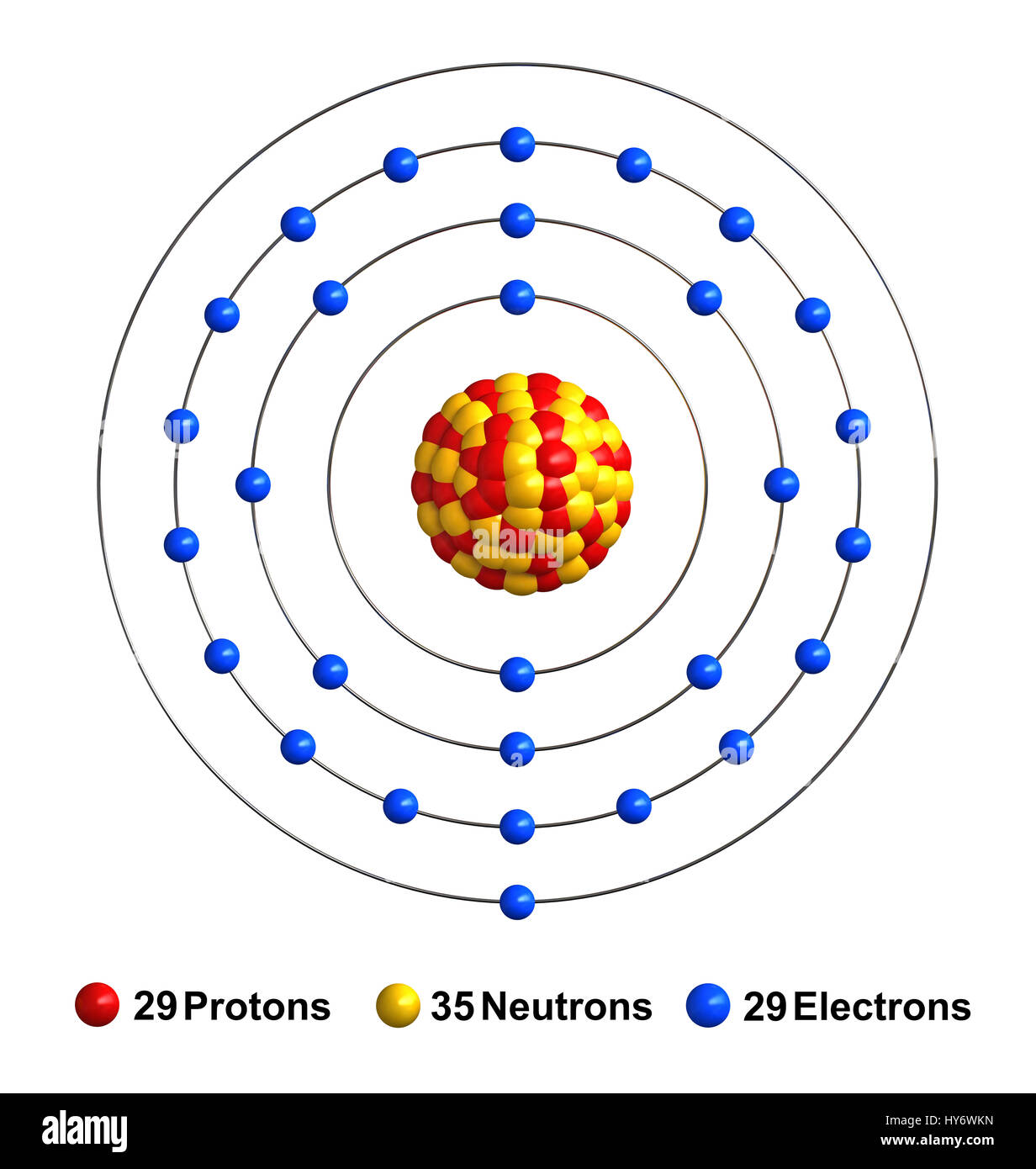 3D Render Atom Struktur Kupfer isoliert auf weißem Hintergrund Protonen als  Elektronen als b, rote Kugeln, Neutronen als gelbe Kugeln dargestellt  Stockfotografie - Alamy