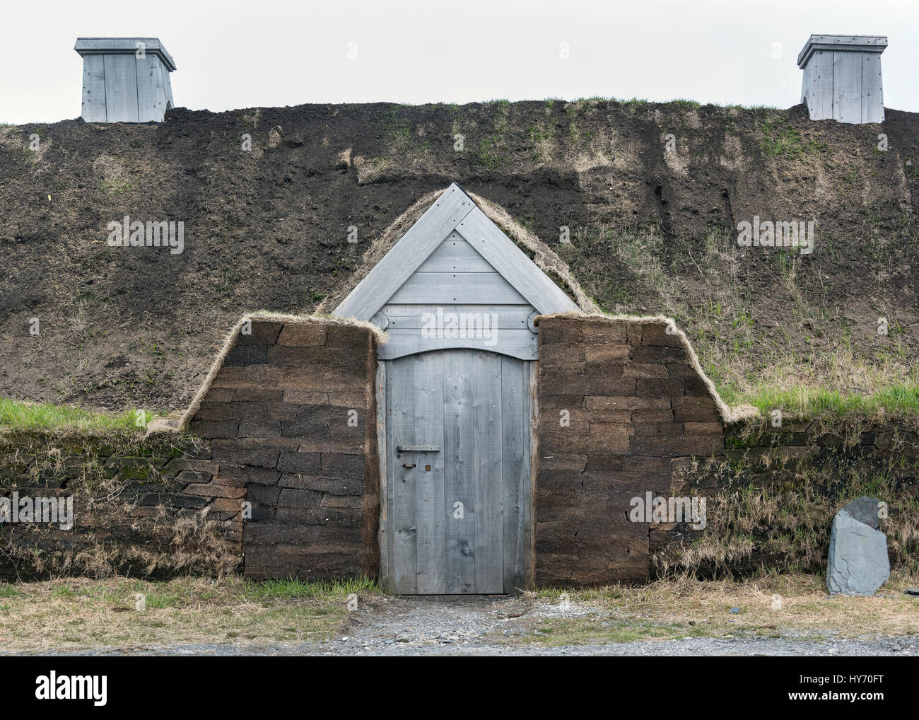 Detail der Sod Hausbau, Viking UNESCO Website, L'anse Aux Meadows, Neufundland Schlüsselwörter hinzufügen Stockfoto