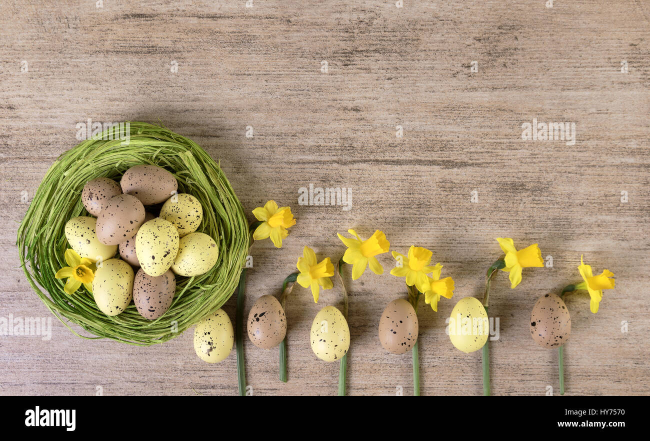 Ostern Urlaub Retro-Hintergrund. Frühling Blumen und Vase mit Ostereiern im grünen Stroh Nest auf braunem Hintergrund Stockfoto
