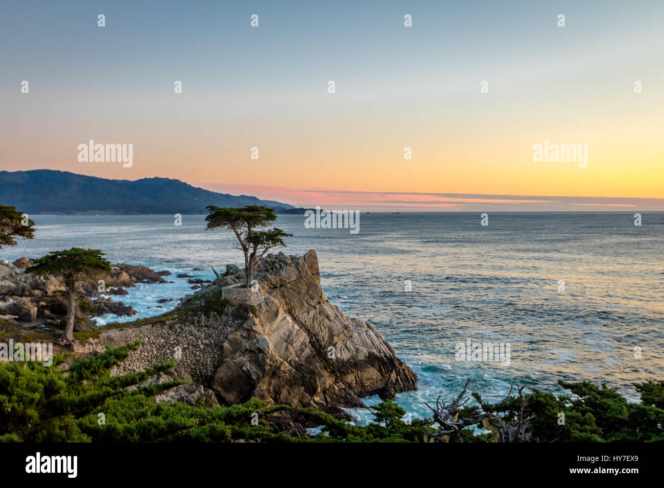Lone Cypress Tree Blick bei Sonnenuntergang entlang der berühmten 17 Mile Drive - Monterey, Kalifornien, USA Stockfoto