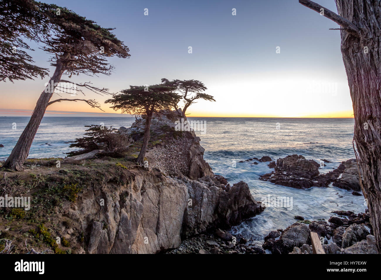 Lone Cypress Tree Blick bei Sonnenuntergang entlang der berühmten 17 Mile Drive - Monterey, Kalifornien, USA Stockfoto