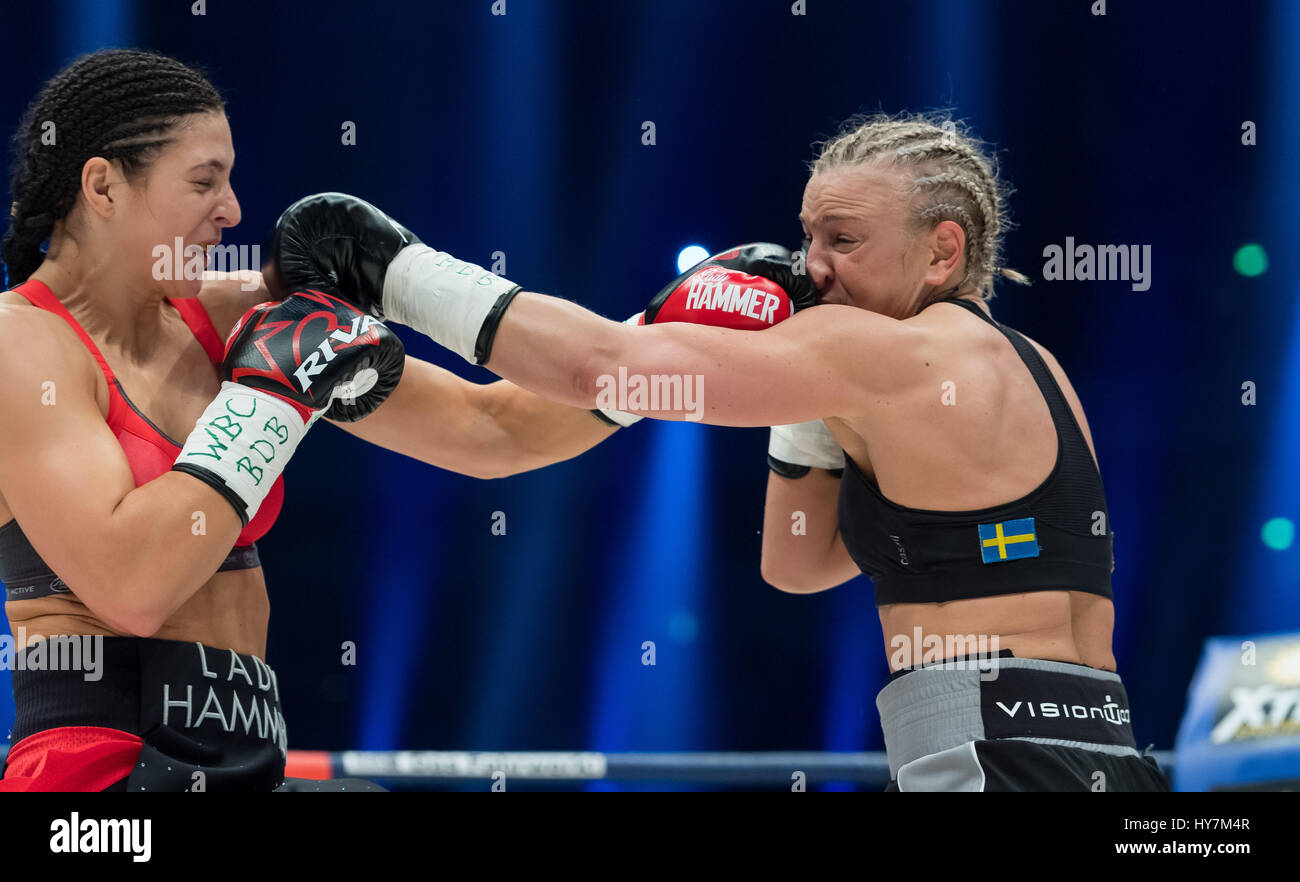 Dortmund, Deutschland. 1. April 2017. Christina Hammer (l) aus Deutschland und Maria Lindberg aus Schweden in Aktion während der WBC-Weltmeisterschaft der Frauen kämpfen in Dortmund, Deutschland, 1. April 2017. Foto: Guido Kirchner/Dpa/Alamy Live News Stockfoto