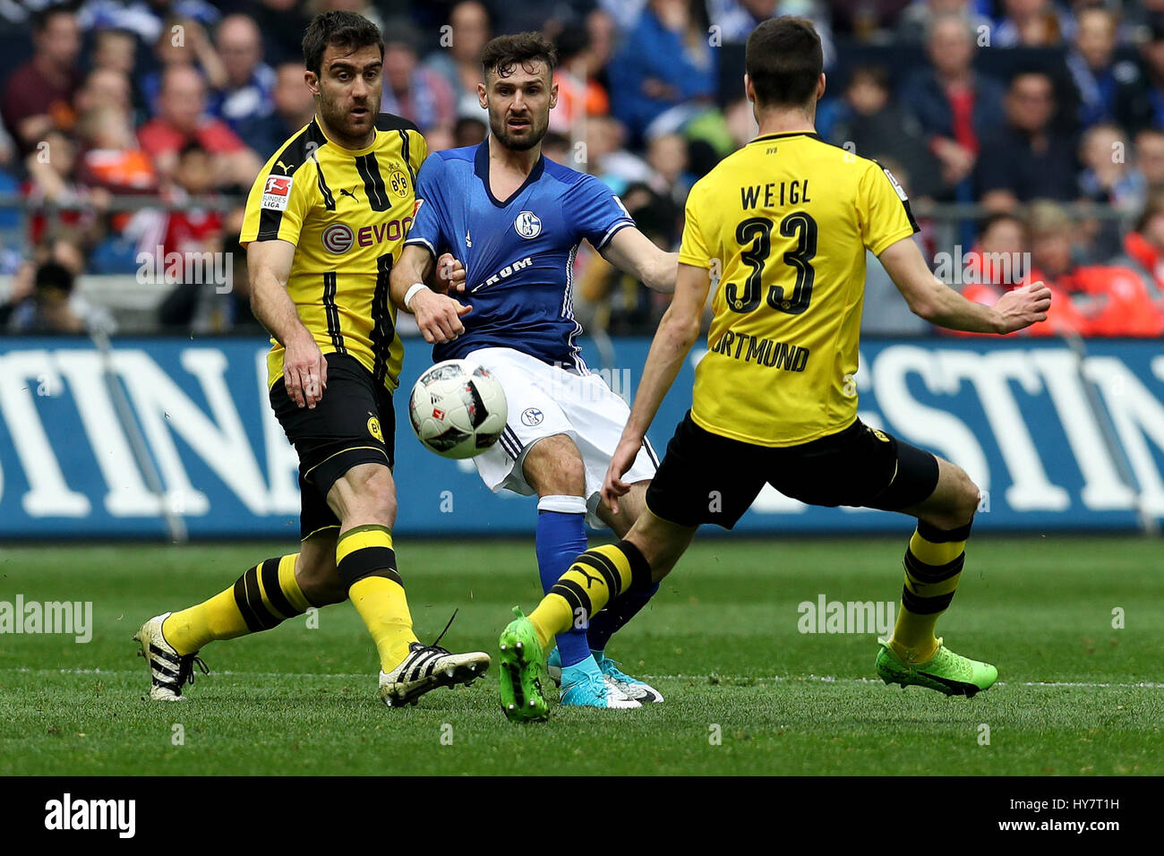 Gelsenkirchen. 1. April 2017. Daniel Caligiuri (C) des FC Schalke 04 wetteifert mit Sokratis Papastathopoulos (L) und Daniel Caligiuri von Borussia Dortmund in der deutschen Bundesliga-Fußballspiel in Veltins Arena in Gelsenkirchen, Deutschland am 1. April 2017. Bildnachweis: Joachim Bywaletz/Xinhua/Alamy Live-Nachrichten Stockfoto