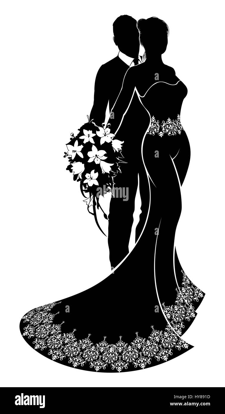 Eine Braut und Bräutigam Brautpaar Silhouette mit der Braut in einer Braut Kleid Kleid hält einen Blumenstrauß der Blumen und eine Blütenspitze Muster aro Stockfoto