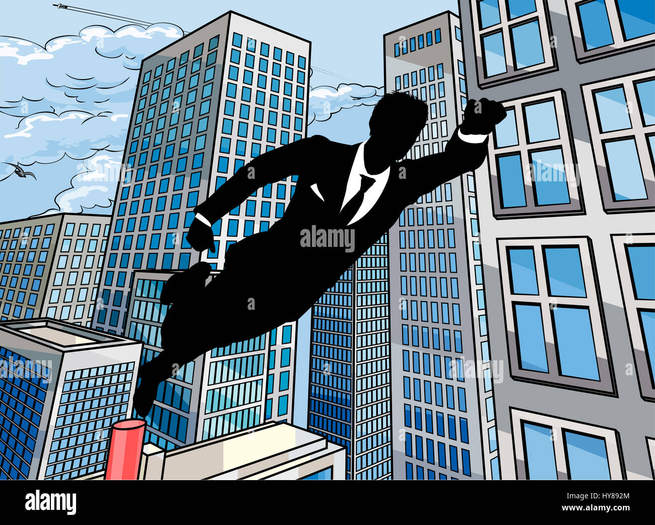 Ein Superheld Geschäftsmann fliegt durch die Luft über eine Stadtszene Stockfoto