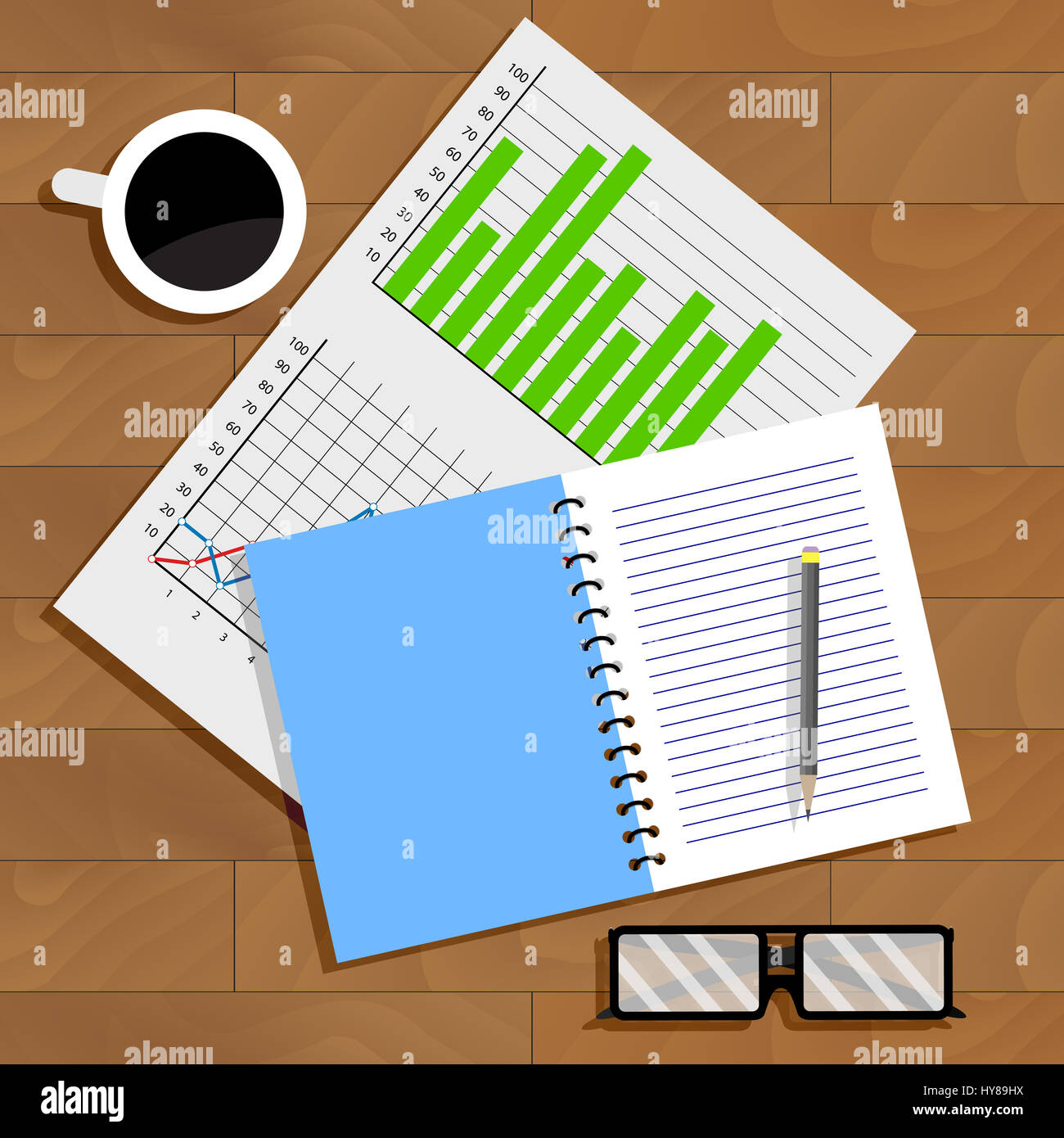 Arbeiten mit Data Charts. Dokument und Papierkram, Vektor-illustration Stockfoto