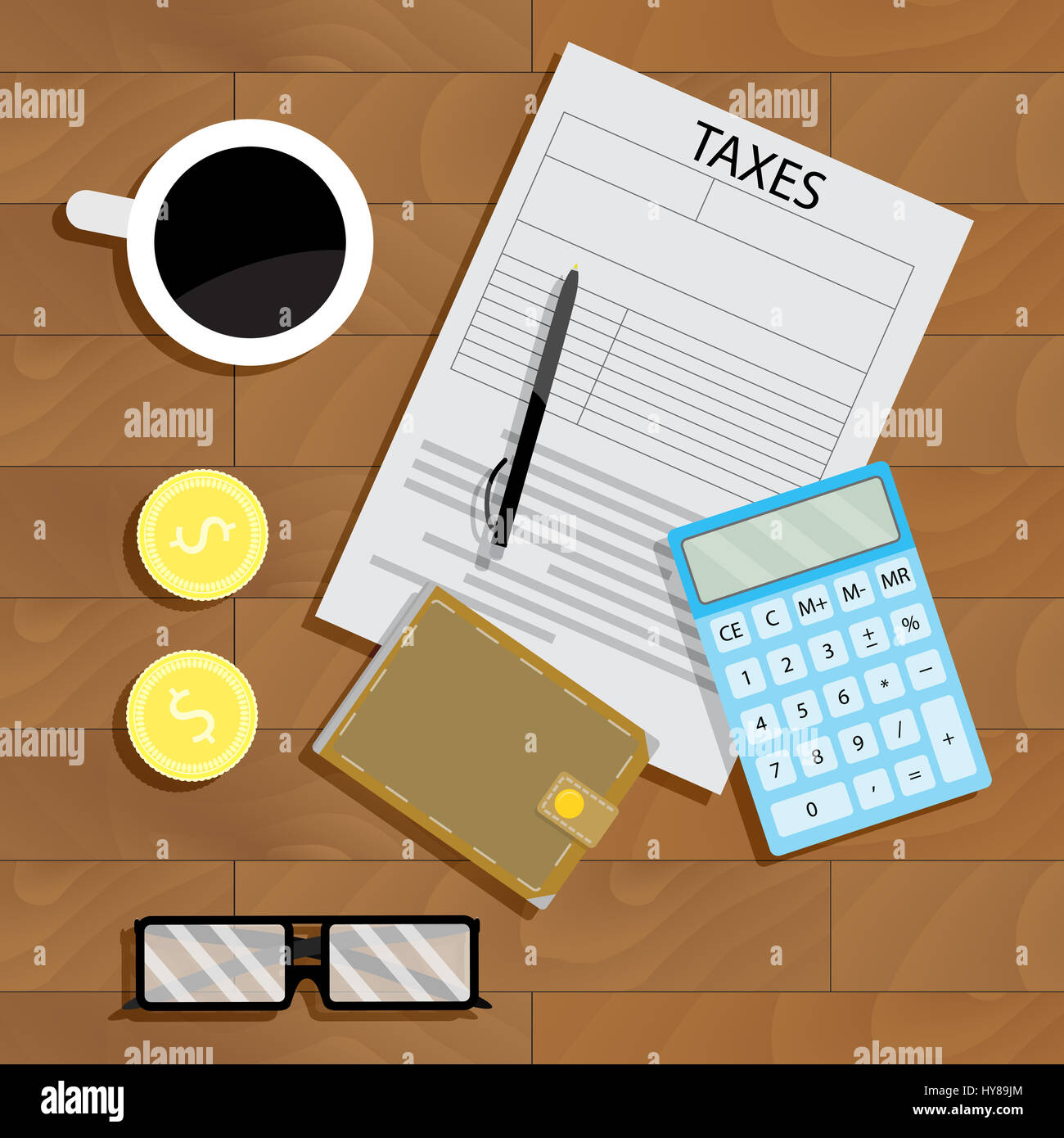 Steuer zahlen Vektor. Währung-Buchhaltung und Papierkram auf Tabelle illustration Stockfoto