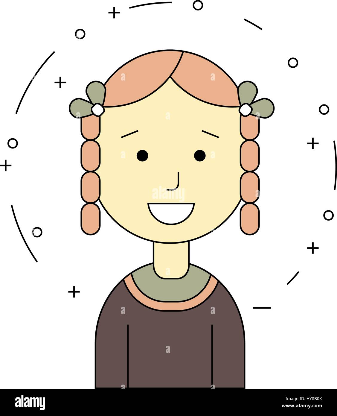 Lächelnde Mädchen Charakter mit Zöpfen, Minimalismus Cartoon flachen Stil, Vektor-Illustration Kunst. Stock Vektor