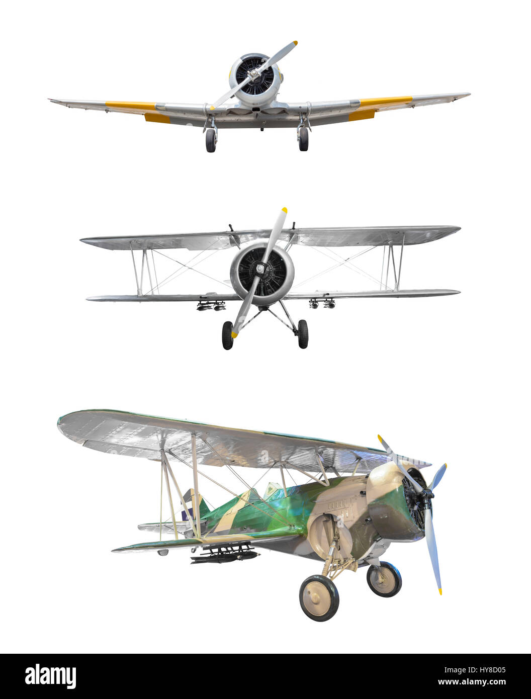 Alte Kämpfer-Flugzeug-Sammlung, die isoliert auf weißem Hintergrund Stockfoto