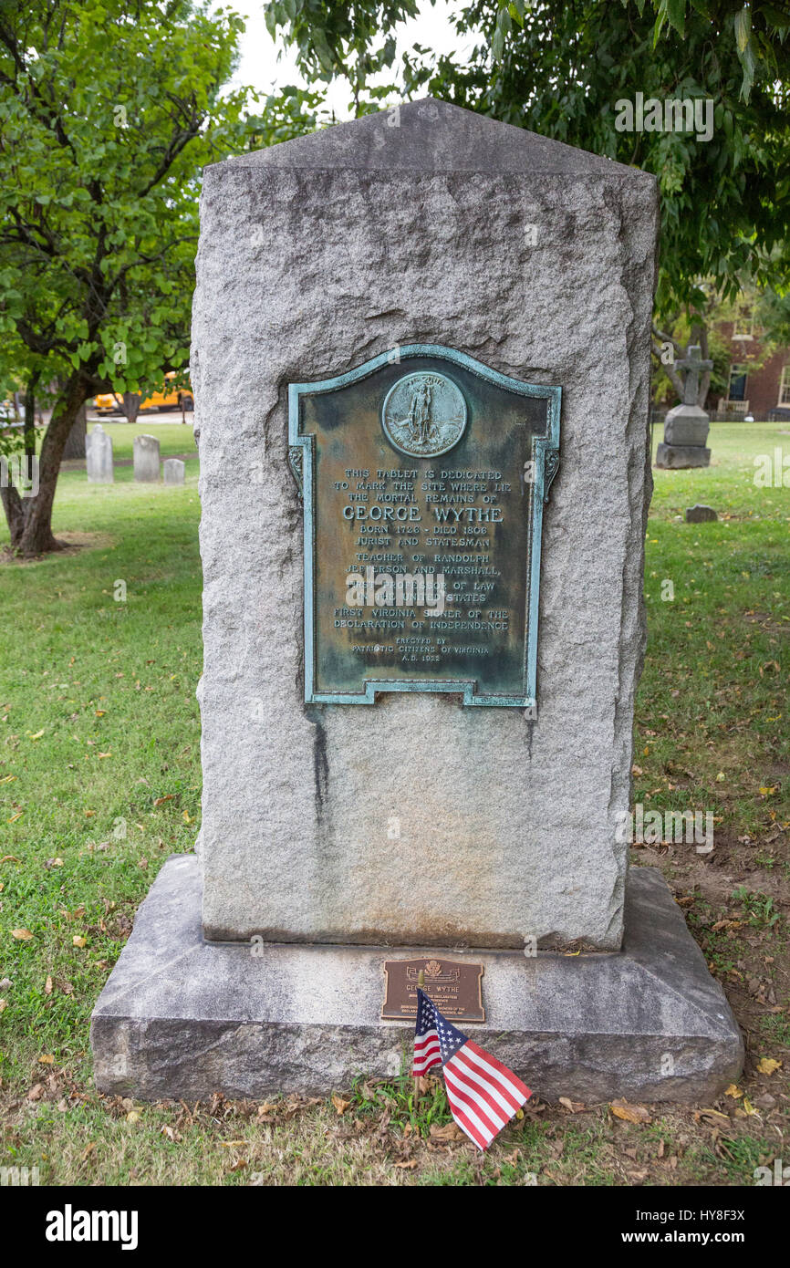 Richmond, Virginia. Grabstein von George Wythe, revolutionäre Patriot und Jura-Professor, St. Johns Episcopal Church Friedhof. Stockfoto