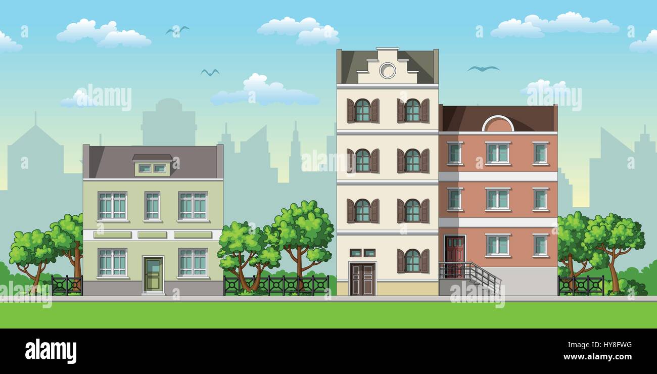 Illustration der drei klassischen Einfamilienhäusern mit Bäumen Stock Vektor