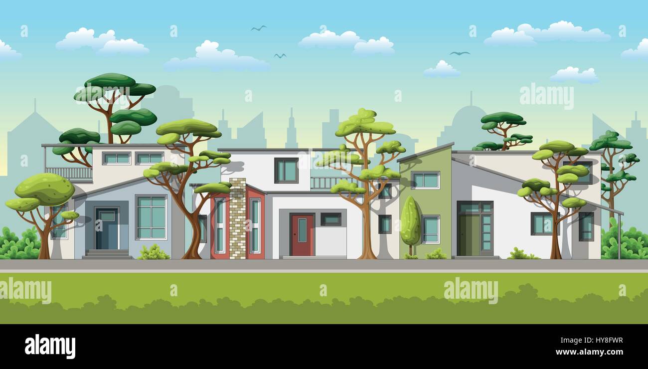 Illustration der drei modernen Einfamilienhaus mit Bäumen Stock Vektor