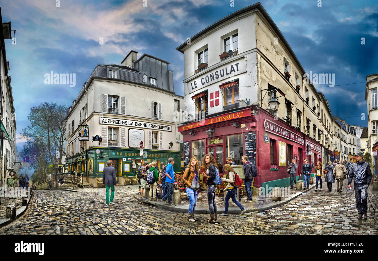 Touristen sitzen im Le Consulat Café Rue Norvins Montmartre Viertel Paris Frankreich EU Europa Stockfoto