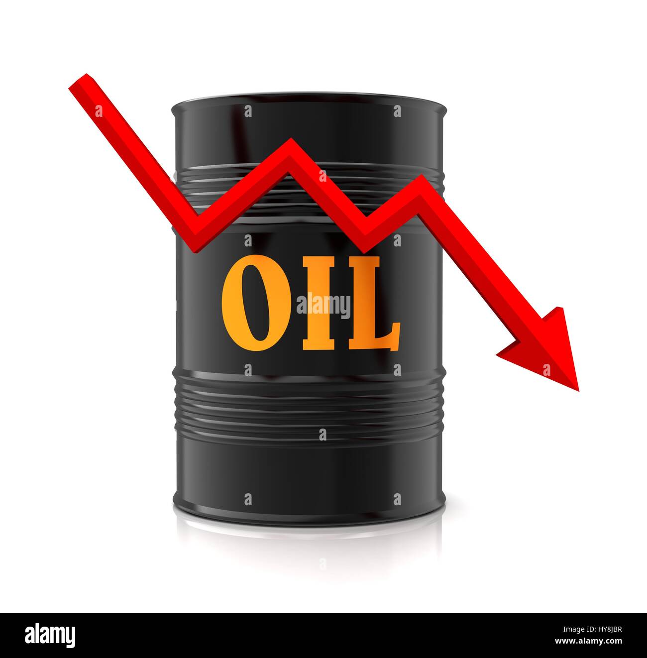 Barrel Erdöl und nach unten Grafik 3d Illustration isoliert auf weißem Hintergrund Stockfoto