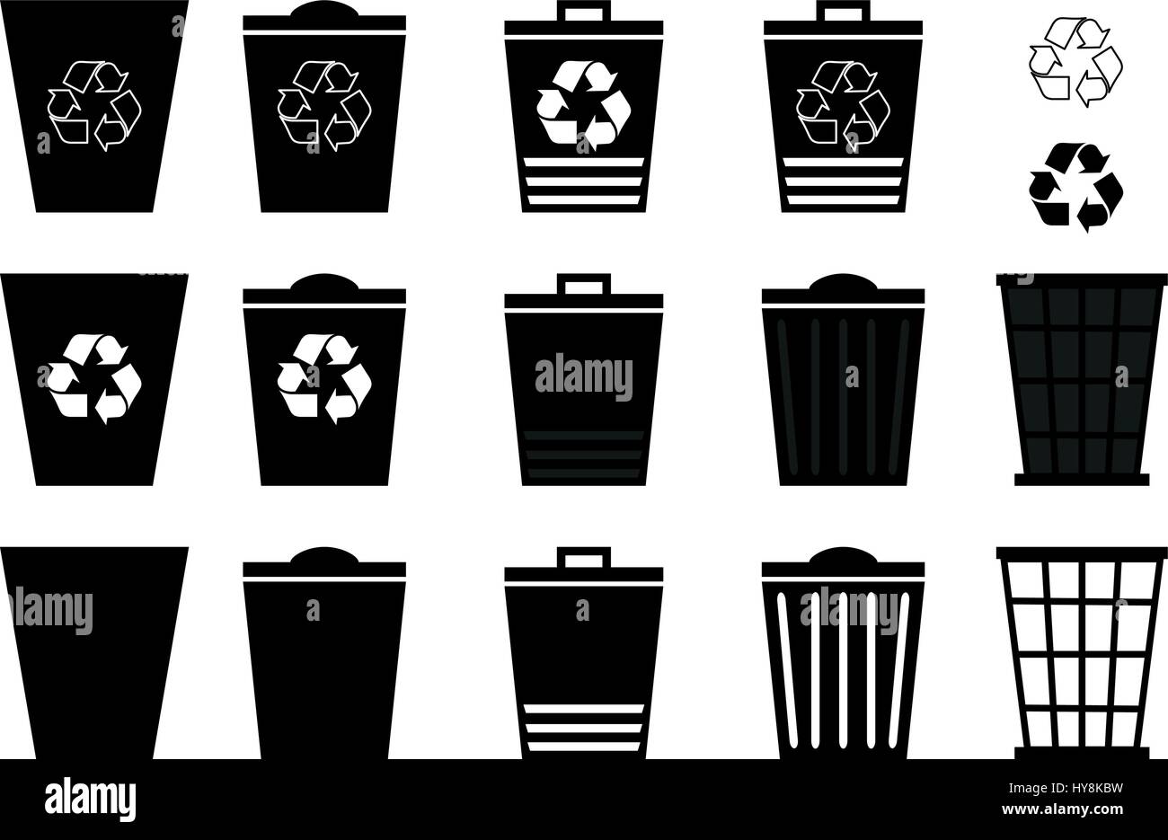 Mülltonnen - Set, Vector Set Papierkörbe für Abfall und Müll, Papierkorb-Symbol Stock Vektor