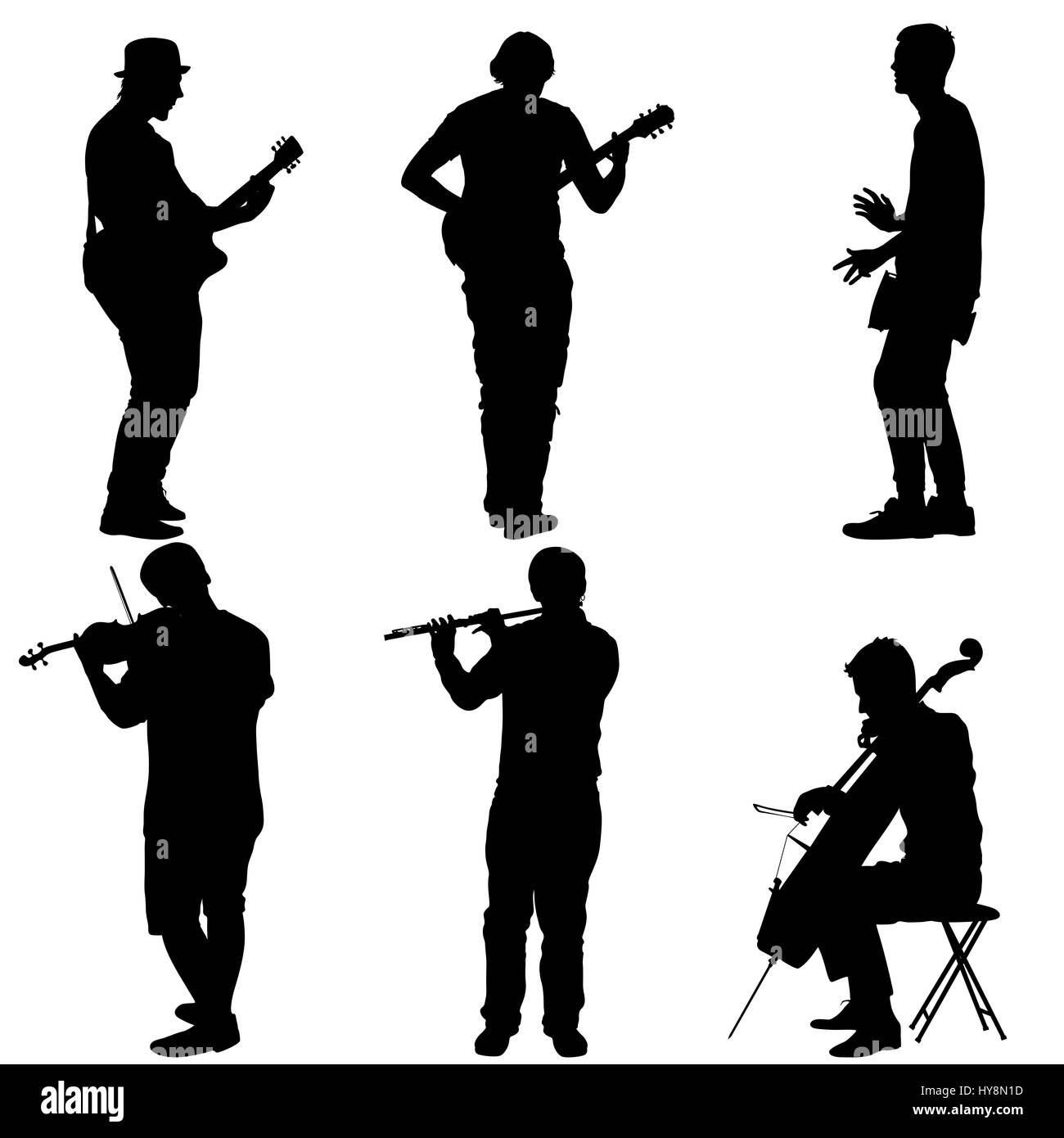 Silhouetten Straßenmusiker spielen Instrumente. Abbildung Stockfoto