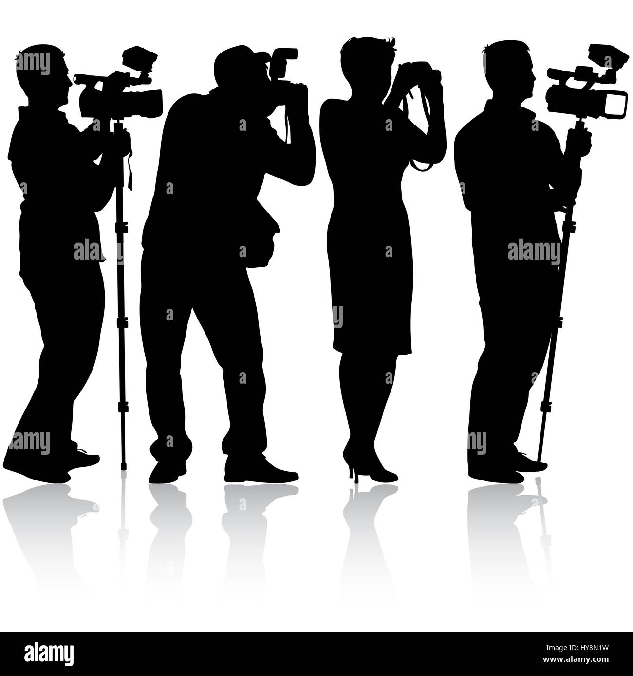 Kameramann mit Videokamera. Silhouetten auf weißem Hintergrund. Stockfoto