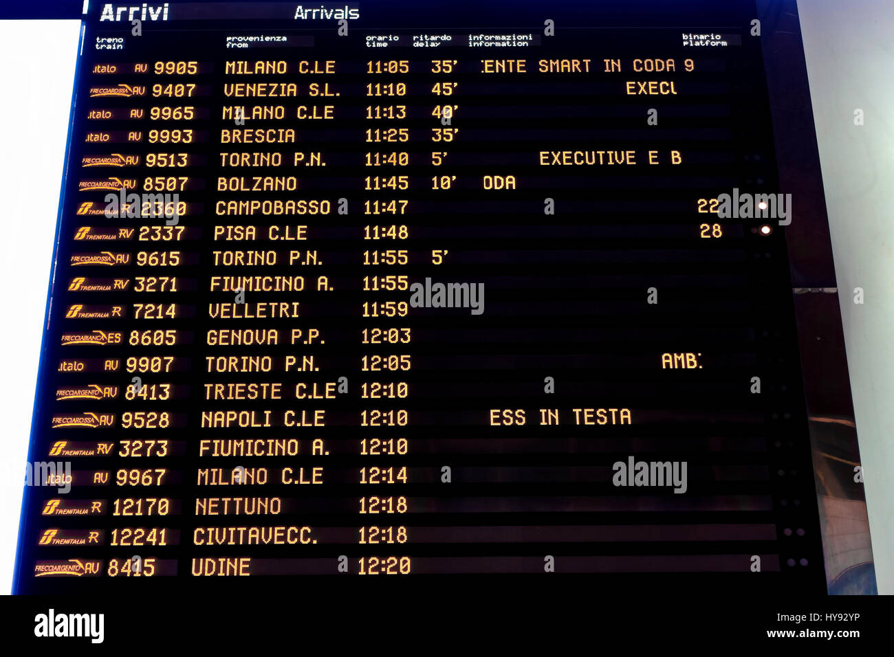 Die Informationstafel am Bahnhof Termini wird vom Ankunftszeitplan angezeigt. Rom, Italien, Europa, Europäische Union, EU. Stockfoto