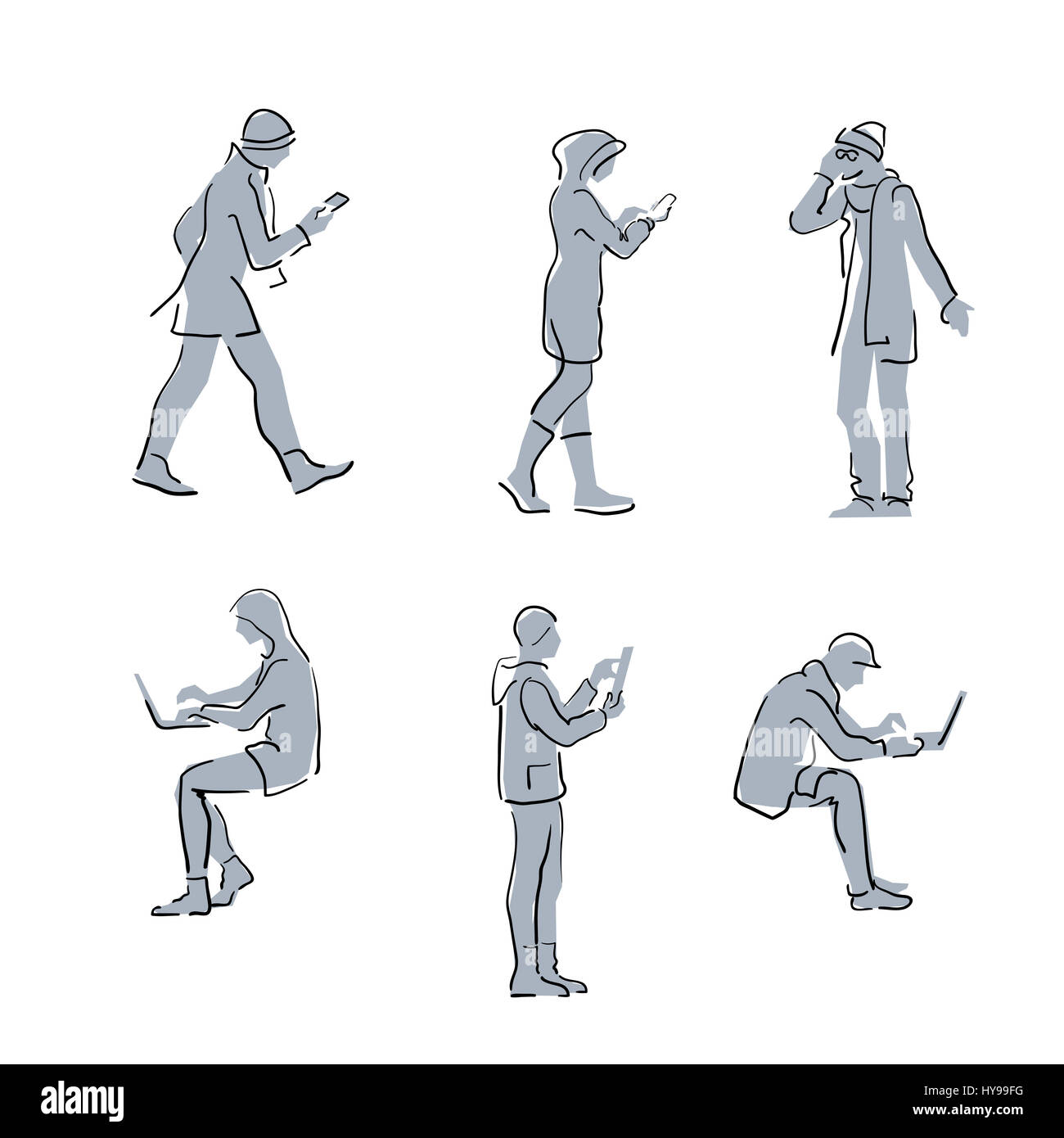 Menschen mit Gadgets. Einfache Skizze Linie Silhouetten. Menschen Online-social-Networking mit Laptops, Smartphones, tablets Stockfoto