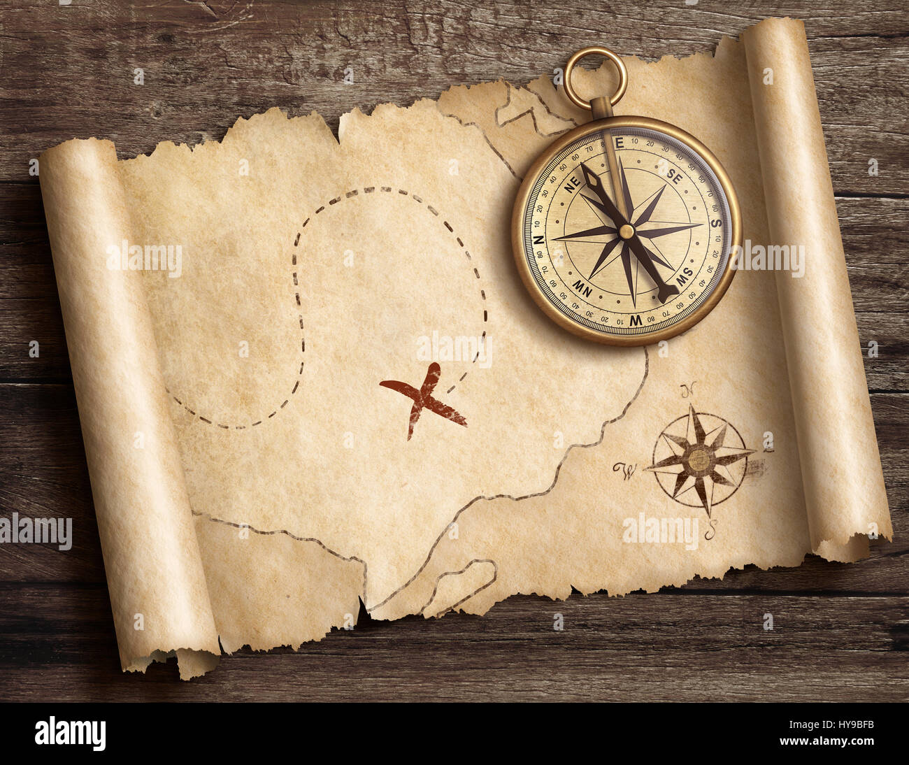 alte Messing nautischen Kompass auf Tisch mit Schatz Karte 3d illustration Stockfoto