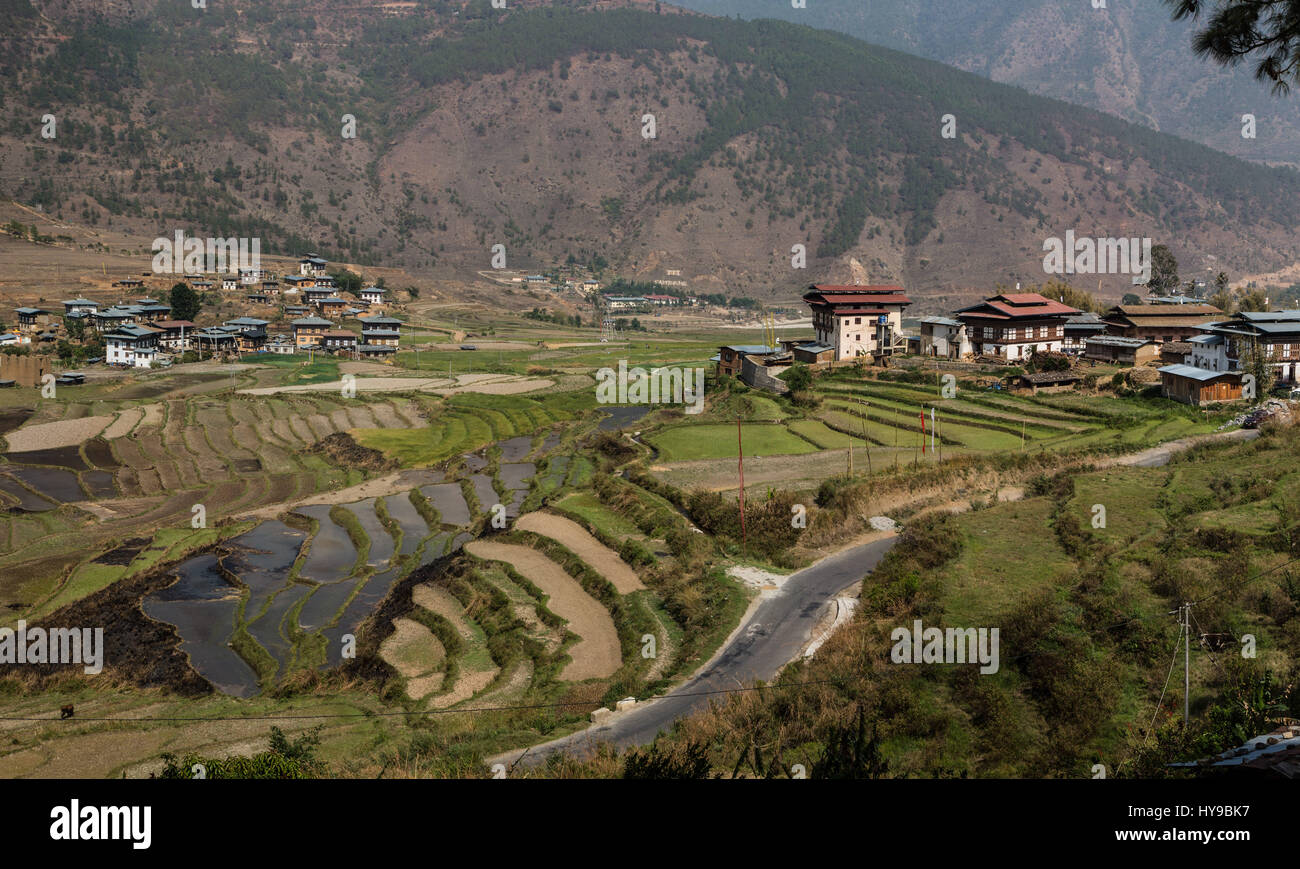 Das Dorf Sopsokha im Punakha-Wangdue Tal in Bhutan. Stockfoto