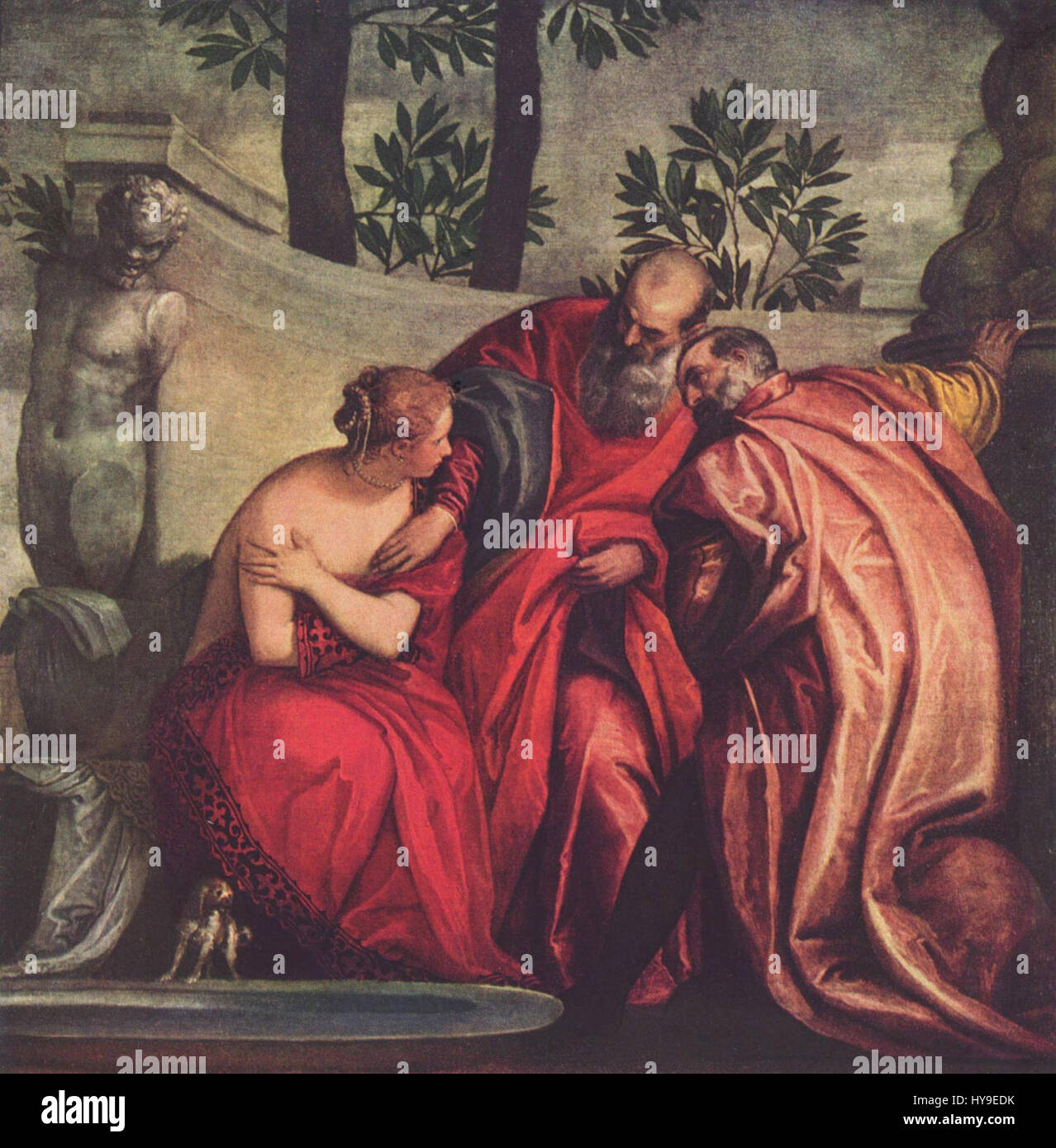 Dieses Werk von Paolo Veronese, einem der führenden venezianischen Renaissance-Maler, fängt die Eleganz und Pracht seines Stils ein. Bekannt für seine Beherrschung von Farben und Kompositionen, zeigt Veronese oft religiöse oder mythologische Themen, die mit reichen Details und dramatischer Verwendung von Licht dargestellt werden. Stockfoto