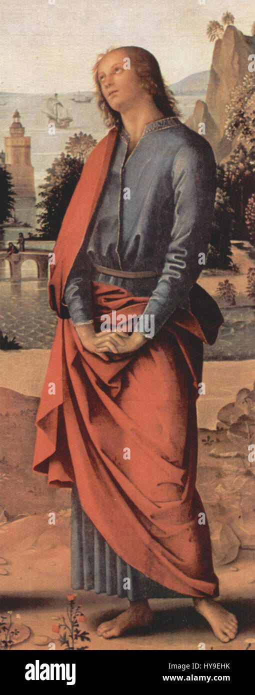 Pietro Perugino war ein italienischer Renaissance-Maler, der vor allem für seine religiösen Werke und Fresken bekannt war. Er war ein Meister der linearen Perspektive und wird oft mit ruhigen, ruhigen Kompositionen in Verbindung gebracht, die Harmonie und Balance betonen. Stockfoto