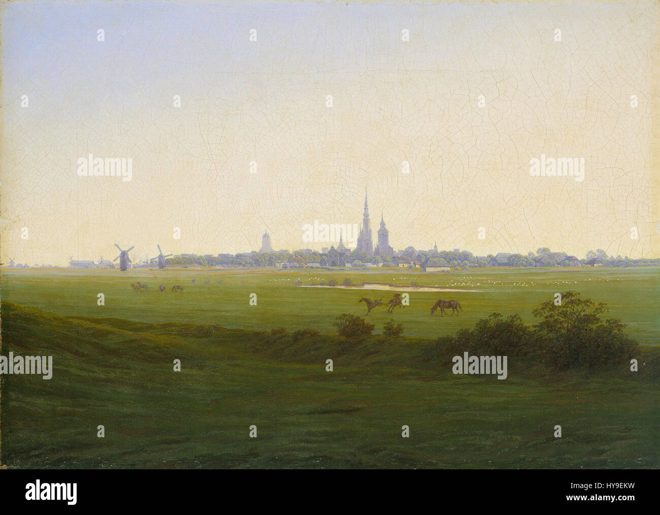 Dieses Kunstwerk von Caspar David Friedrich, einem prominenten deutschen romantischen Maler, zeigt seine charakteristische Verwendung dramatischer Landschaften und emotionaler Tiefe und unterstreicht die erhabene Schönheit der Natur. Stockfoto