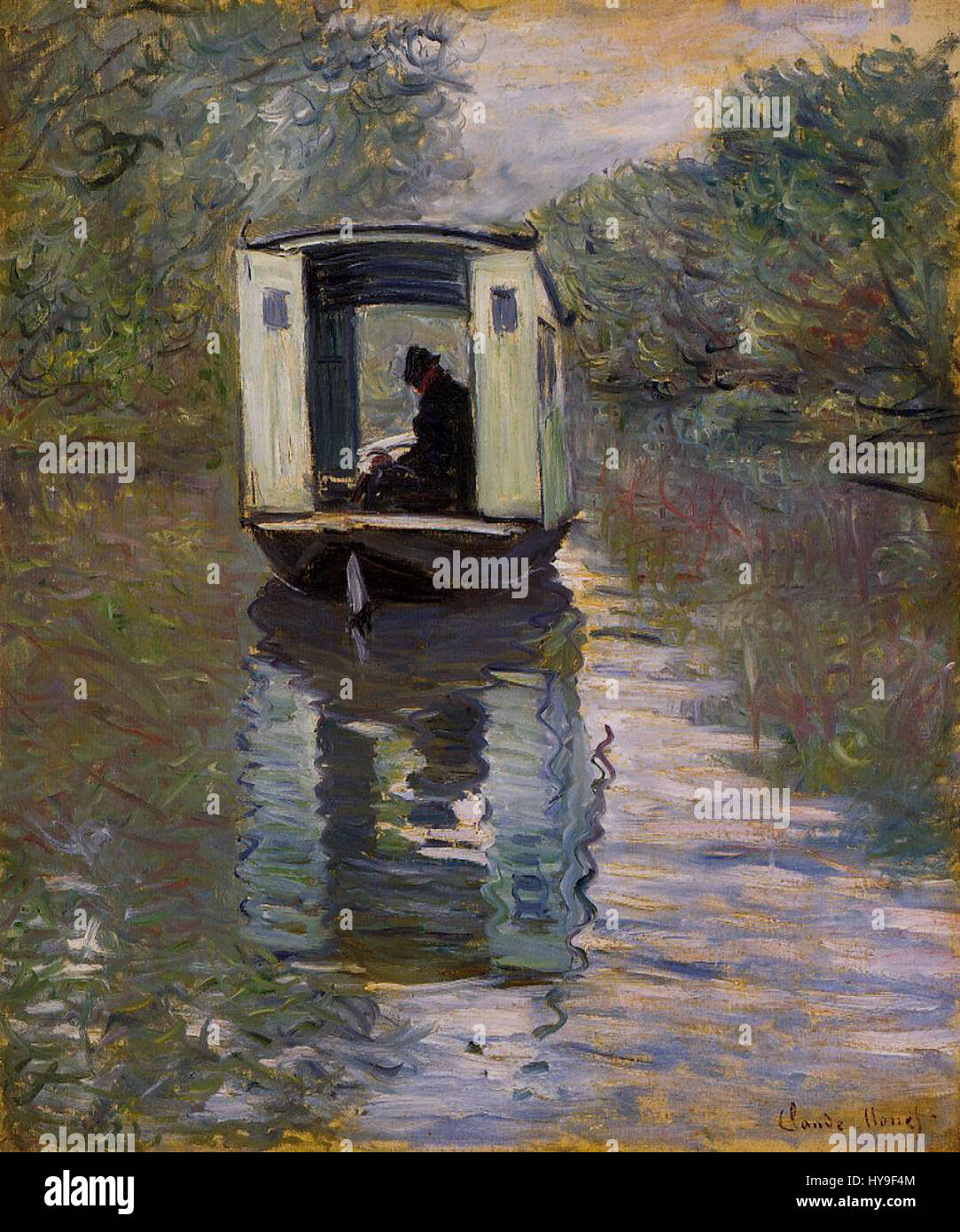 Le Bateau-Atelier von Claude Monet, gemalt 1876, zeigt das Bootsstudio des Künstlers auf der seine. Die Szene fängt Monets unverwechselbares Pinselwerk und seinen impressionistischen Stil ein und spiegelt die ruhige Schönheit der Natur und seine Beziehung zu Licht und Wasser wider. Stockfoto