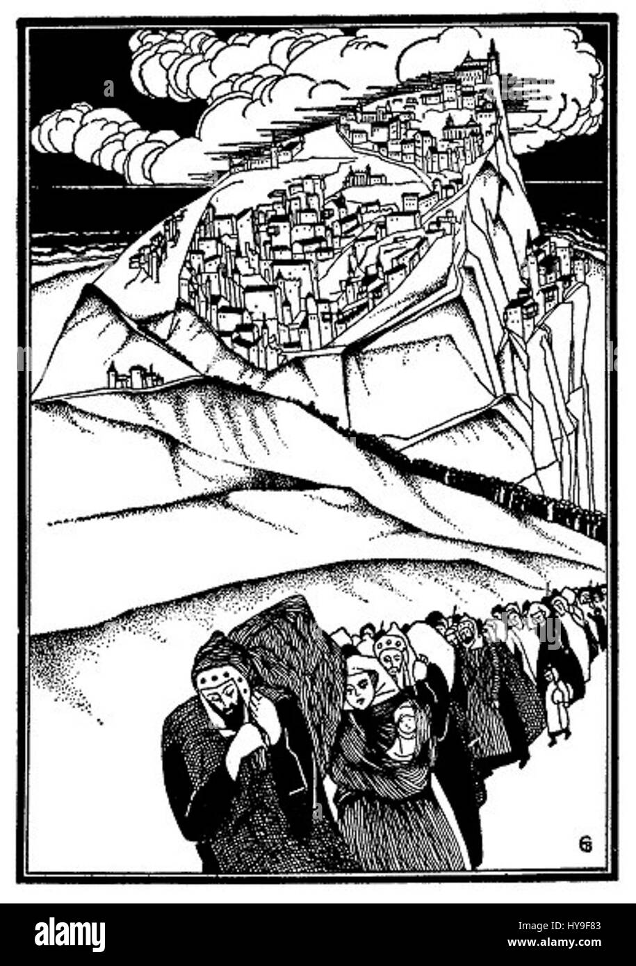 Der große Marsch von Todros Geller (1931) ist eine dramatische Darstellung einer Prozession, die die Kämpfe und Bestrebungen der Menschen in einem Moment des Übergangs darstellt. Das Kunstwerk reflektiert das gesellschaftliche Bewusstsein von Geller und die Spannungen der Epoche. Stockfoto