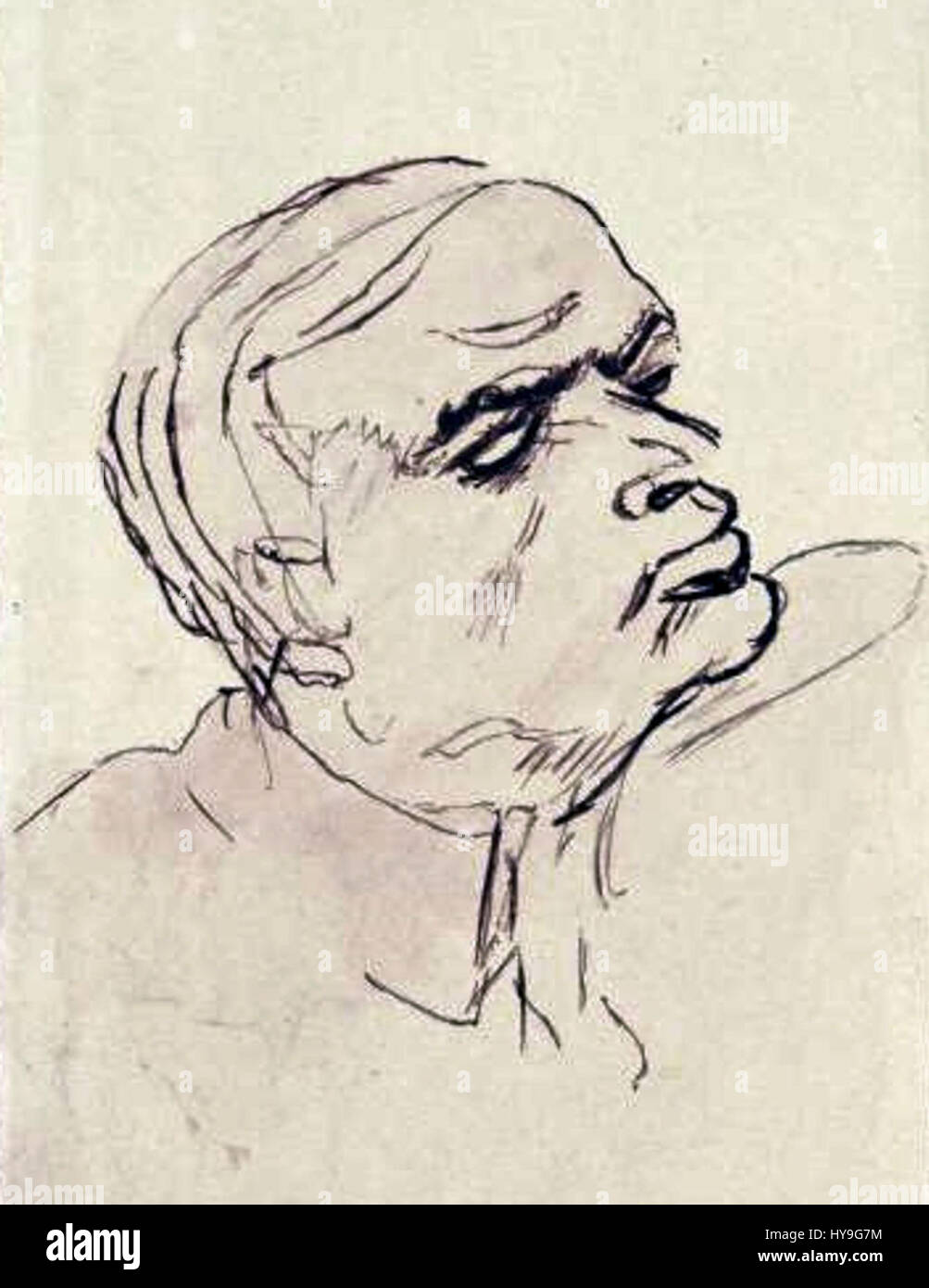 Dieses Porträt von Bronislaw Huberman, geschaffen von Emil Orlik, fängt den Ausdruck des berühmten polnischen Geigers ein, der für seine Virtuosität und seine kulturellen Beiträge bekannt ist. Orliks Arbeiten betonen den Fokus und die Hingabe des Themas an die Musik und veranschaulichen die Porträttechniken des frühen 20. Jahrhunderts. Stockfoto