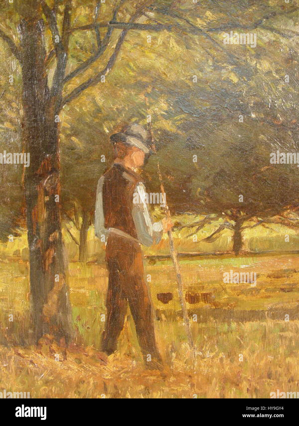 Granville Redmond war ein US-amerikanischer Künstler, der für seine Landschaften und seinen kalifornischen impressionistischen Stil bekannt war. Dieses Detail aus einem seiner Werke unterstreicht seine charakteristische Verwendung von Licht und Farbe, um die natürliche Schönheit der kalifornischen Landschaft einzufangen, und spiegelt seine Beherrschung impressionistischer Techniken wider. Stockfoto