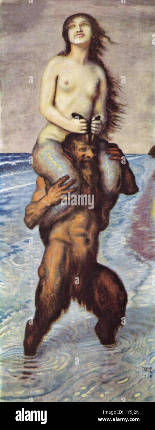 Franz von Stuck war ein deutscher Maler, der für seine Werke im Symbolismus und Jugendstil bekannt war. Dieses Werk stellt seine Auseinandersetzung mit mythologischen und allegorischen Themen dar. Stockfoto