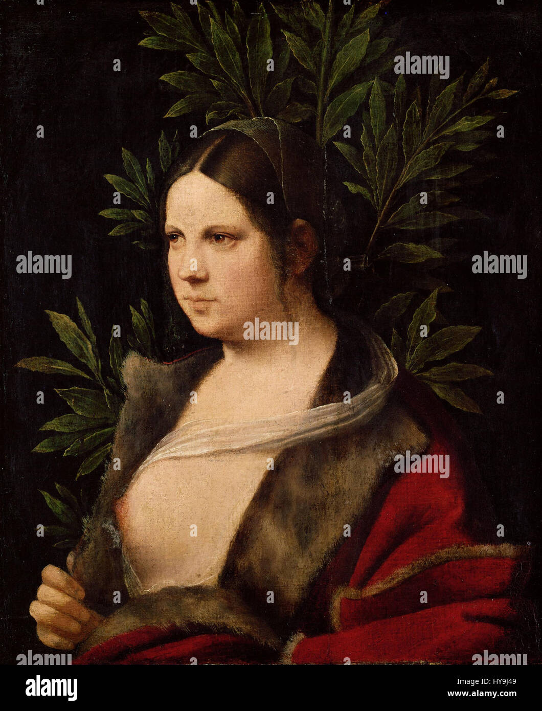Giorgione, ein venezianischer Meister der Renaissance, ist bekannt für seine rätselhaften und poetischen Gemälde. Dieses Werk verkörpert seine Verwendung von Licht und Schatten, um eine tiefe emotionale und intellektuelle Reaktion hervorzurufen. Stockfoto